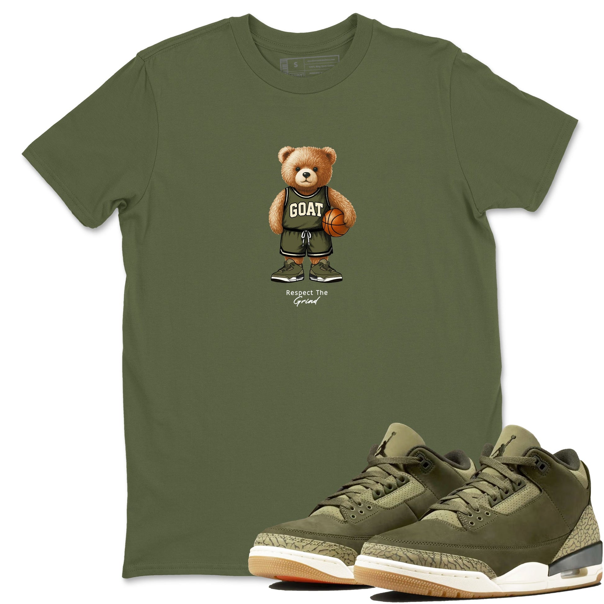 Basketball Graphic Tee – Sneaker Tees To Match Air Jordan 3 Family Affair – GOAT Mode Graphic Tee Military Green 1. Perfect for 3s Medium Olive releases 2025 colorways.