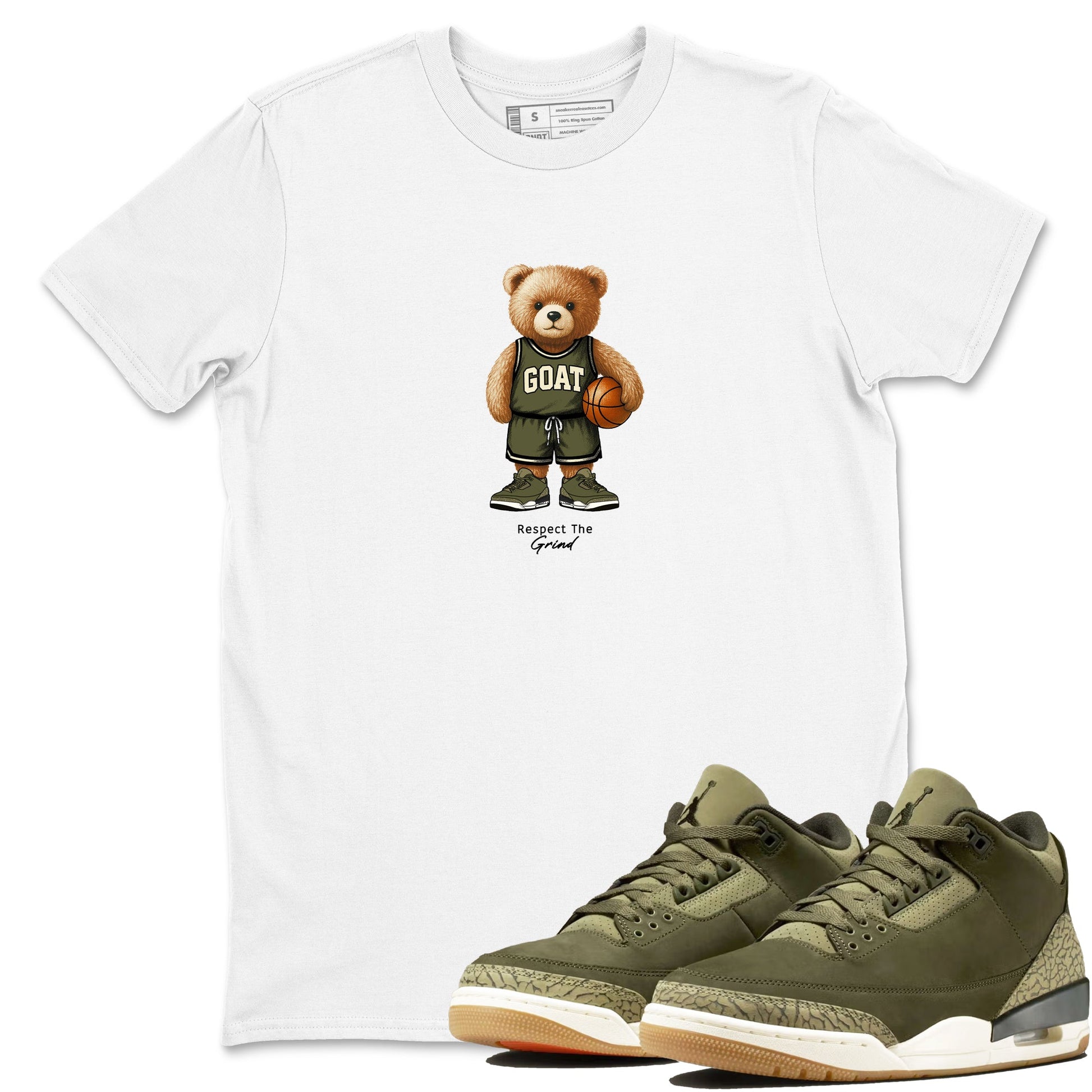 Basketball Graphic Tee – Sneaker Tees To Match Air Jordan 3 Family Affair – GOAT Mode Graphic Tee White 1. Perfect for 3s Medium Olive releases 2025 colorways.