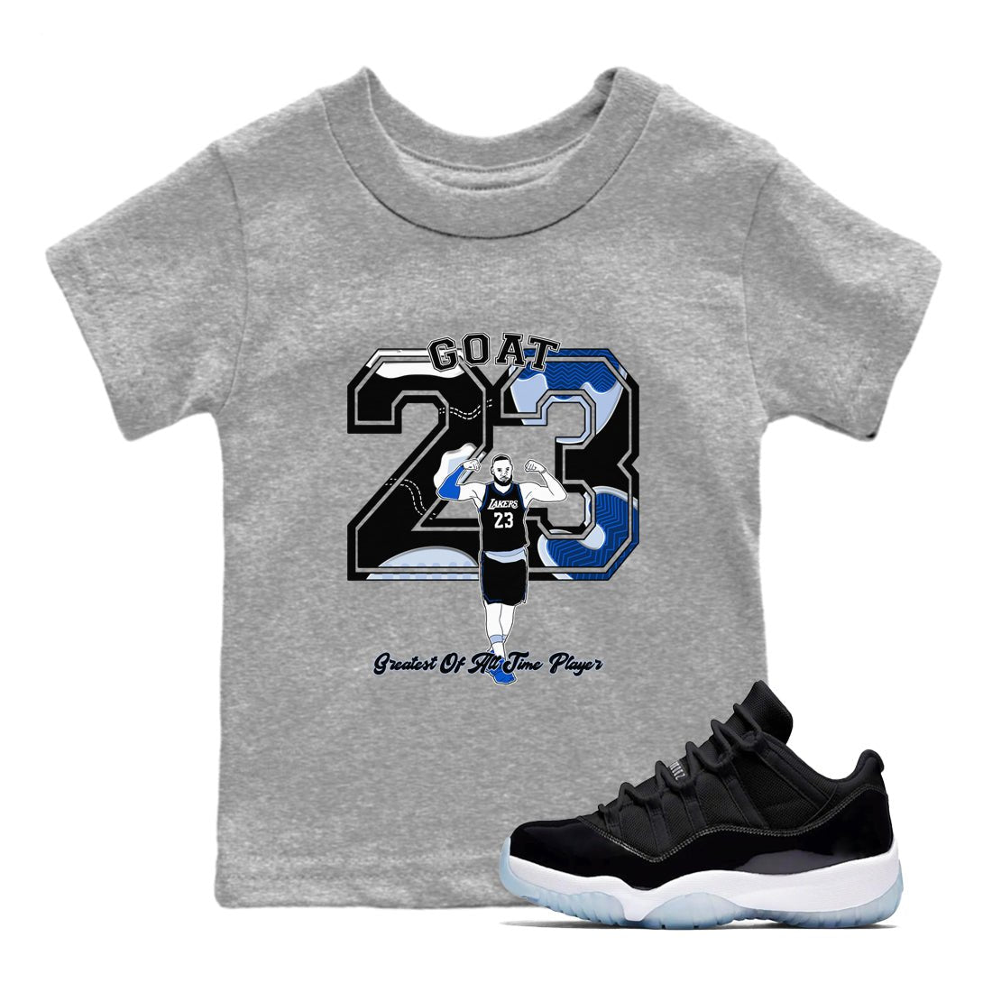 11s Black and Varsity Royal shirt to match jordans Goat Player sneaker tees Air Jordan 11 Black/Varsity Royal SNRT sneaker release tees baby toddler Heather Grey 1 cotton Shirt