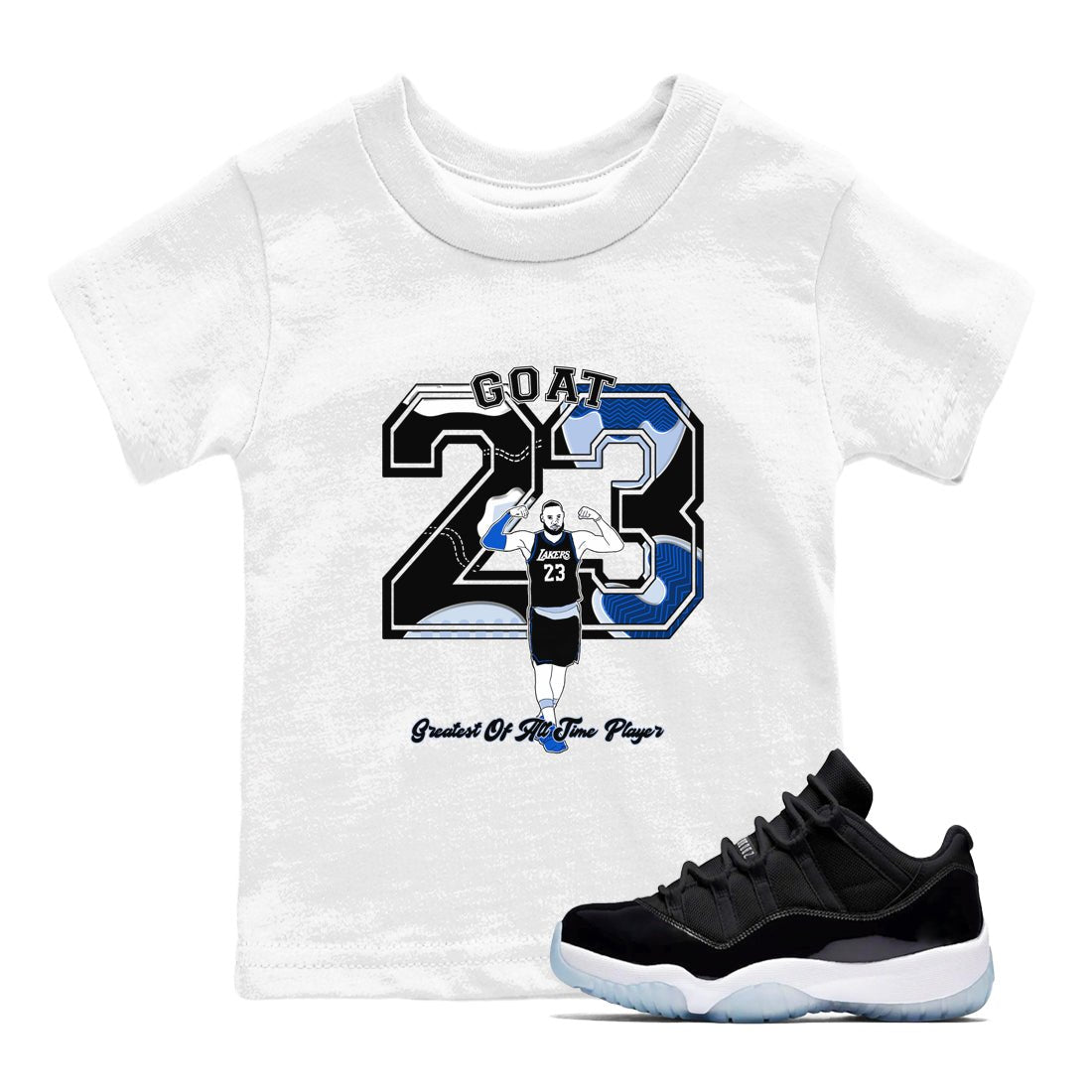 11s Black and Varsity Royal shirt to match jordans Goat Player sneaker tees Air Jordan 11 Black/Varsity Royal SNRT sneaker release tees baby toddler White 1 cotton Shirt