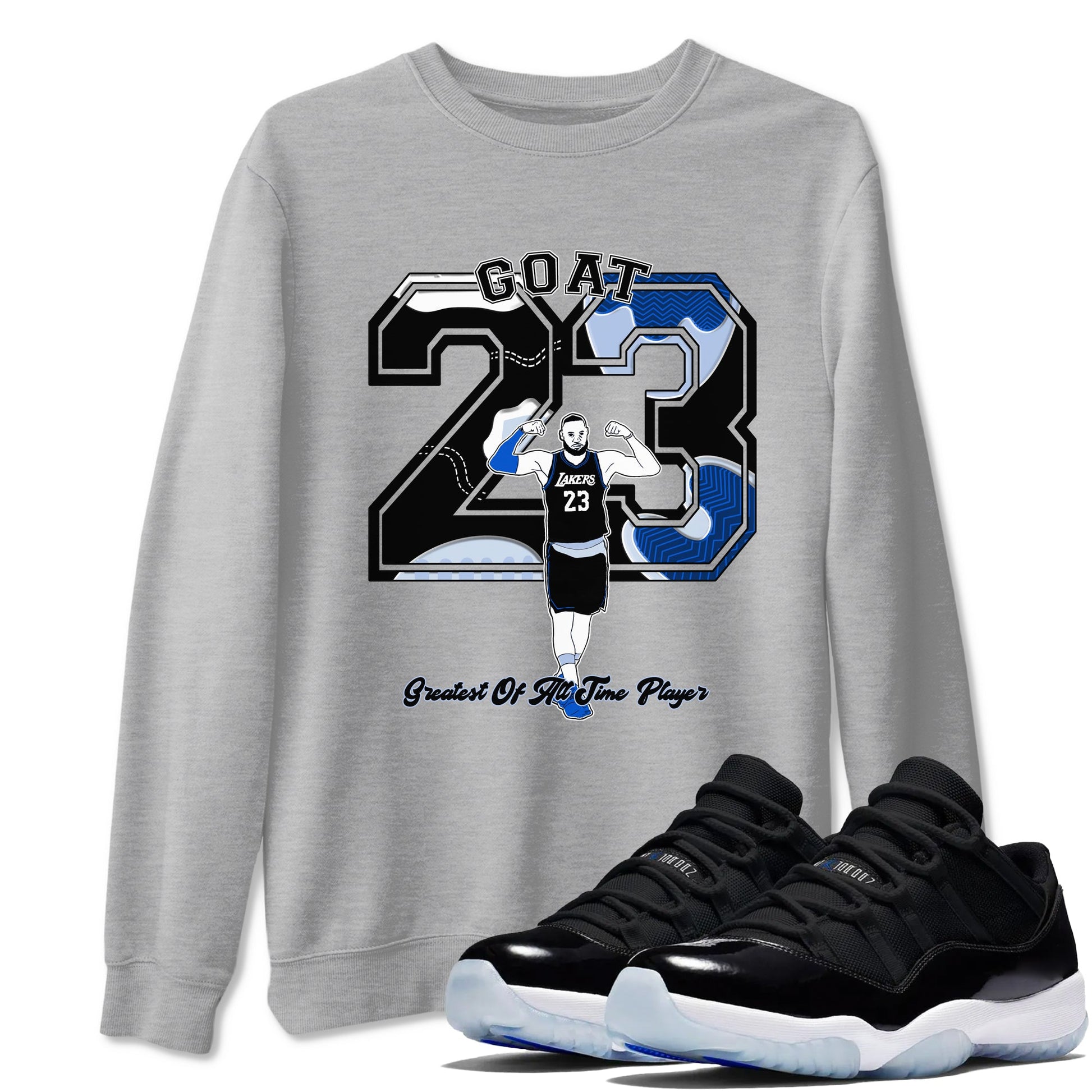 11s Black and Varsity Royal shirt to match jordans Goat Player sneaker tees Air Jordan 11 Black/Varsity Royal SNRT Sneaker Release Tees unisex cotton Heather Grey 1 crew neck shirt