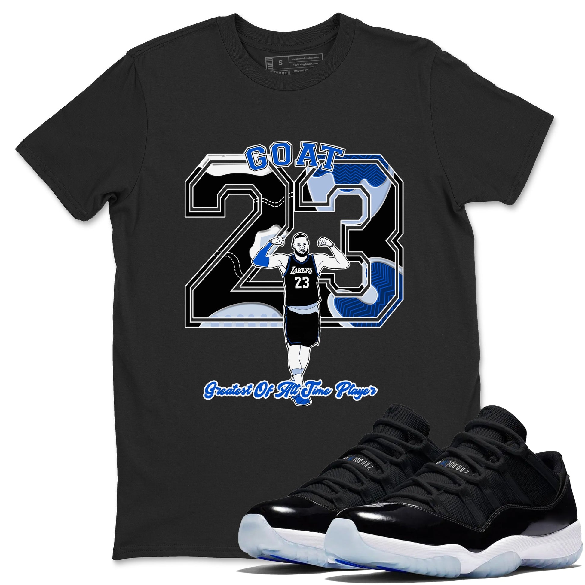 11s Black and Varsity Royal shirt to match jordans Goat Player sneaker tees Air Jordan 11 Black/Varsity Royal SNRT Sneaker Release Tees unisex cotton Black 1 crew neck shirt