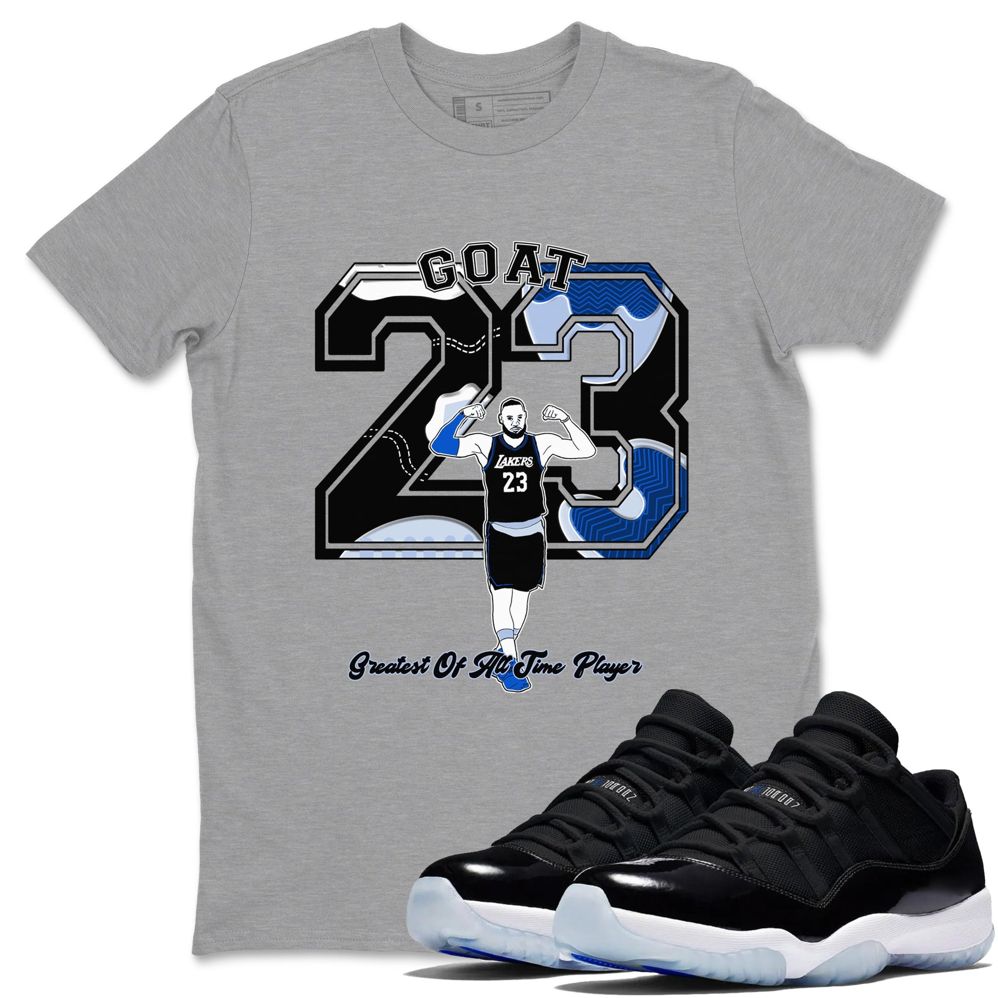 11s Black and Varsity Royal shirt to match jordans Goat Player sneaker tees Air Jordan 11 Black/Varsity Royal SNRT Sneaker Release Tees unisex cotton Heather Grey 1 crew neck shirt