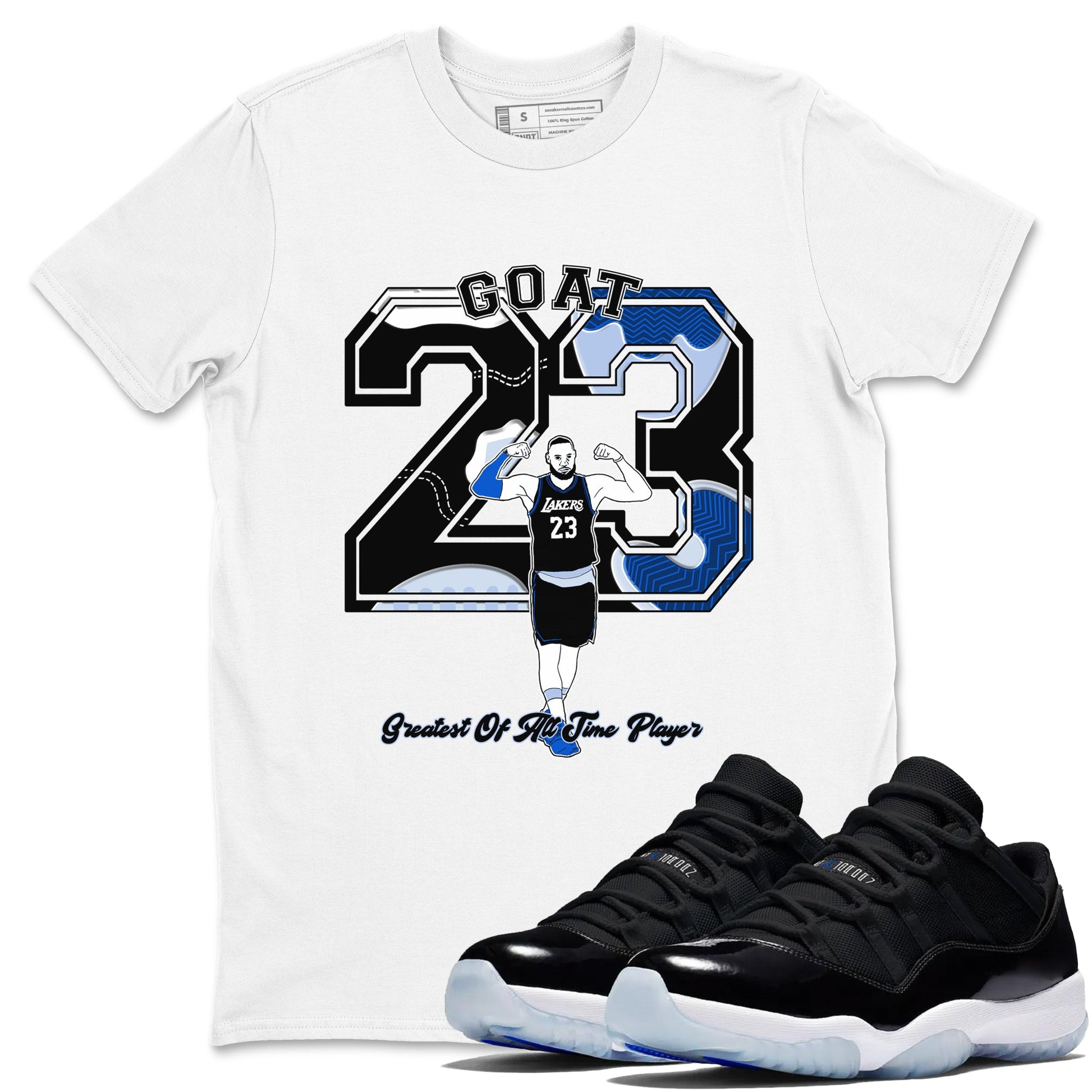 11s Black and Varsity Royal shirt to match jordans Goat Player sneaker tees Air Jordan 11 Black/Varsity Royal SNRT Sneaker Release Tees unisex cotton White 1 crew neck shirt