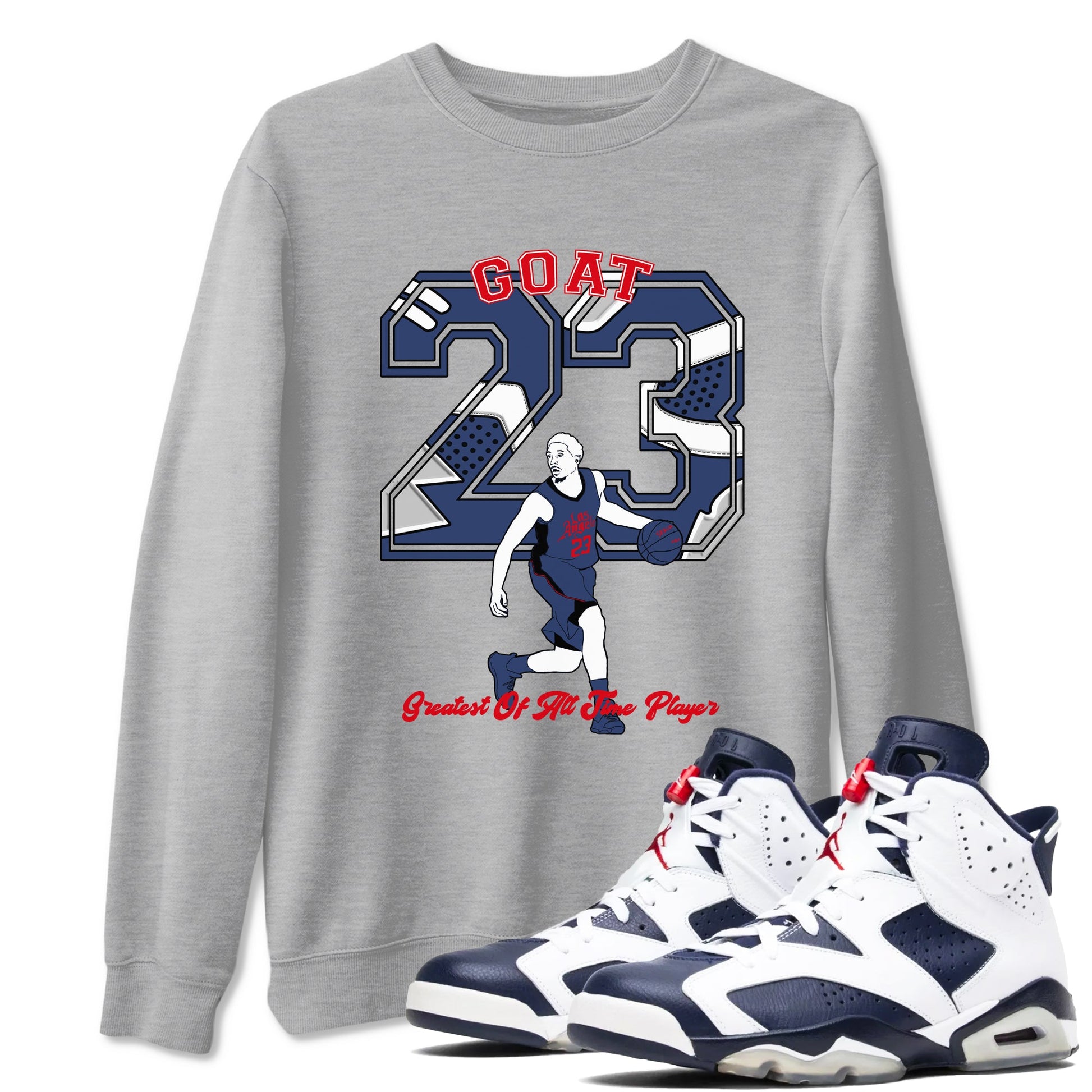 AJ6 White And Midnight Navy shirt to match jordans Goat Player sneaker tees Air Jordan 6 Olympic SNRT Sneaker Release Tees unisex cotton Heather Grey 1 crew neck shirt