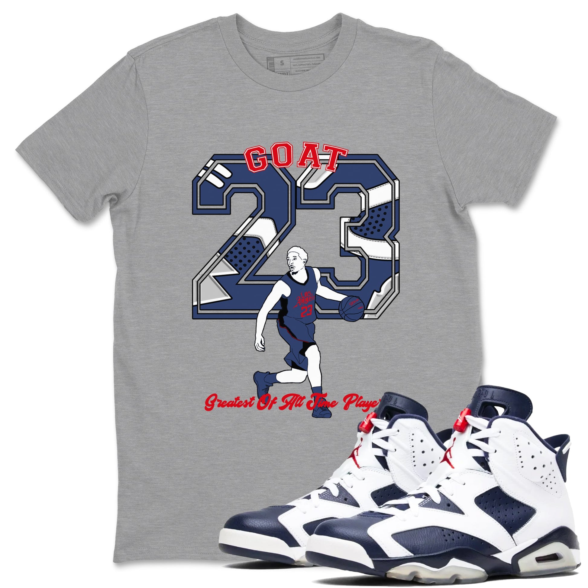 AJ6 White And Midnight Navy shirt to match jordans Goat Player sneaker tees Air Jordan 6 Olympic SNRT Sneaker Release Tees unisex cotton Heather Grey 1 crew neck shirt