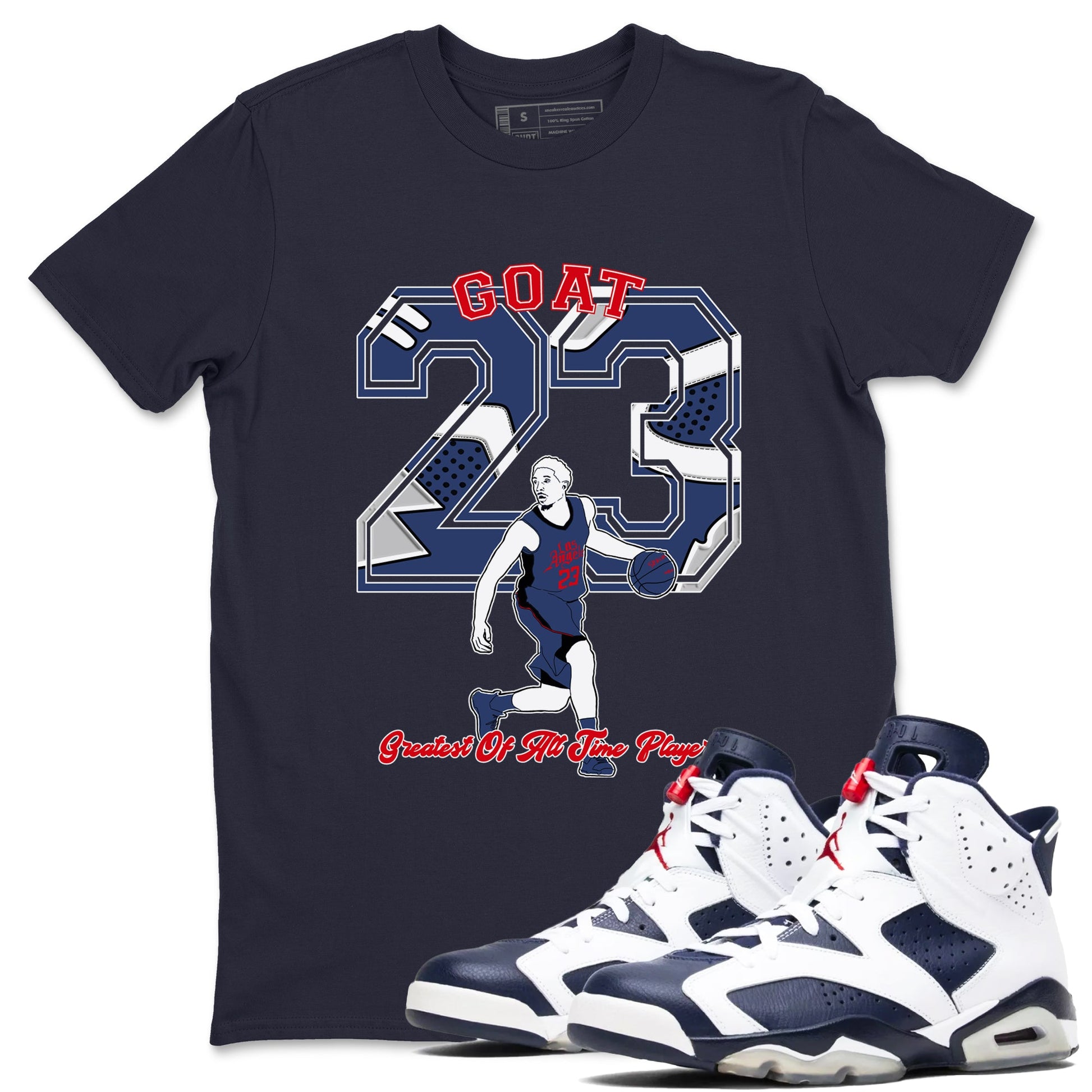 AJ6 White And Midnight Navy shirt to match jordans Goat Player sneaker tees Air Jordan 6 Olympic SNRT Sneaker Release Tees unisex cotton Navy 1 crew neck shirt