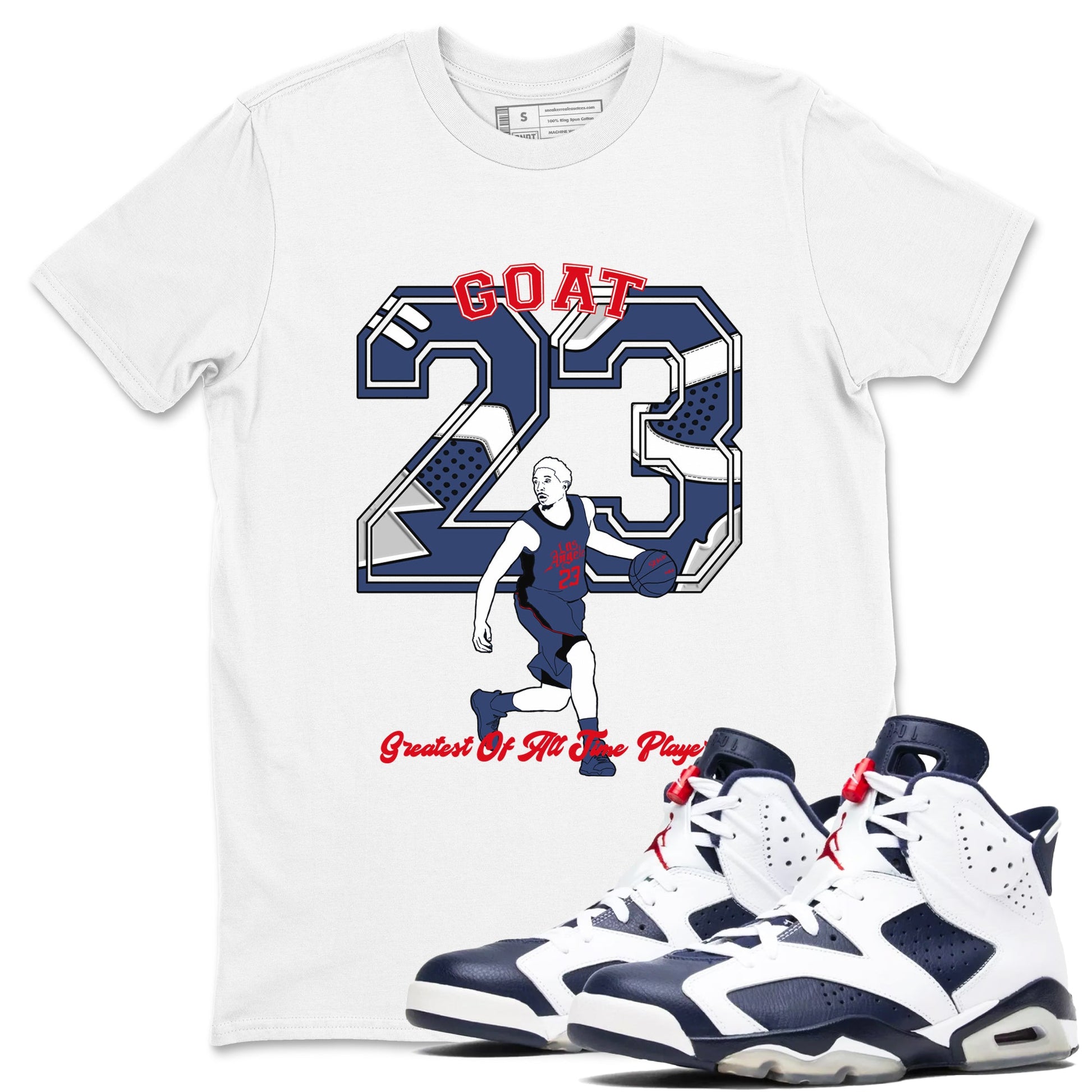 AJ6 White And Midnight Navy shirt to match jordans Goat Player sneaker tees Air Jordan 6 Olympic SNRT Sneaker Release Tees unisex cotton White 1 crew neck shirt