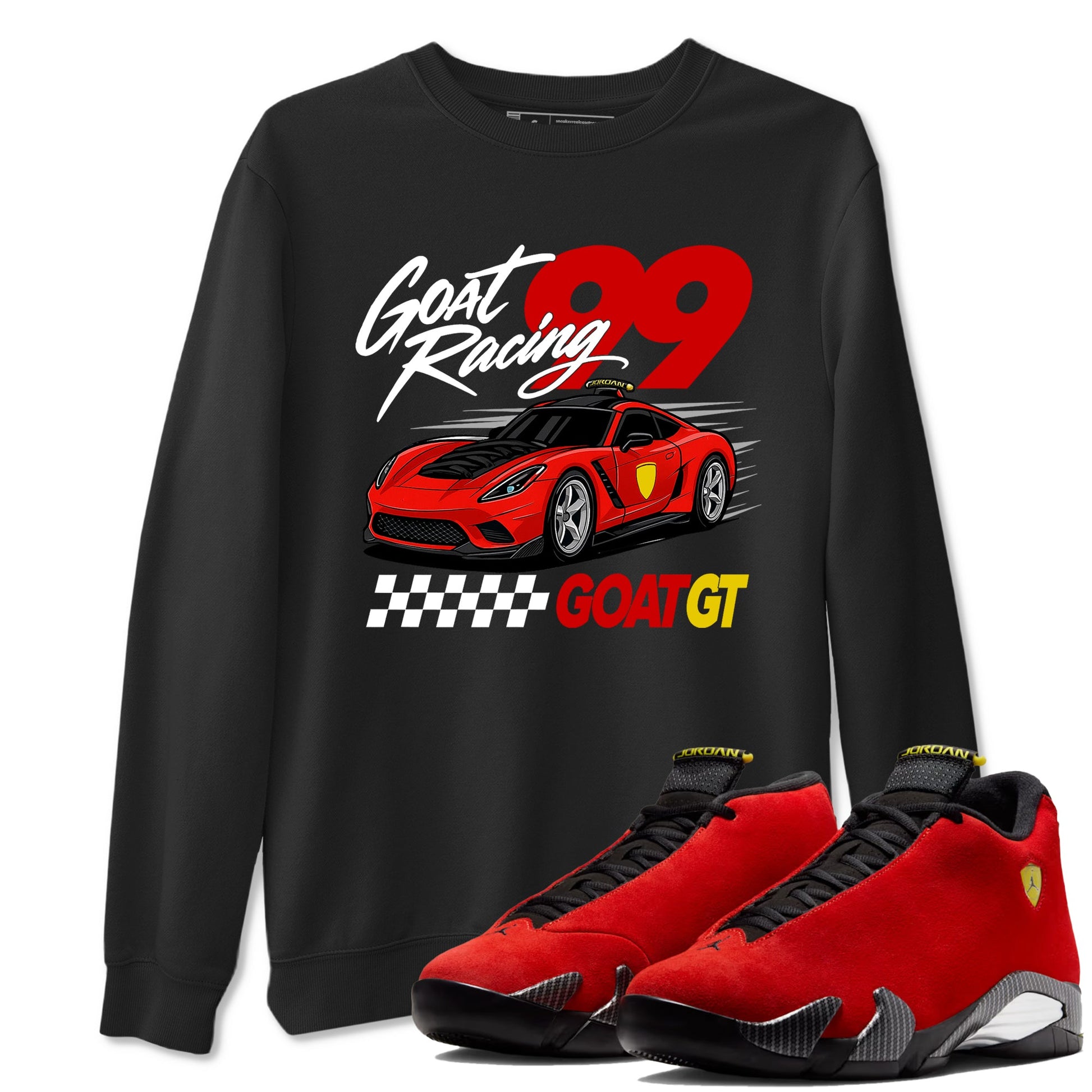 Goat Racing sneaker match t-shirt styled to complete your fit with the Air Jordan 14 Challenge Red sneakers, graphic shirts in Black 1.