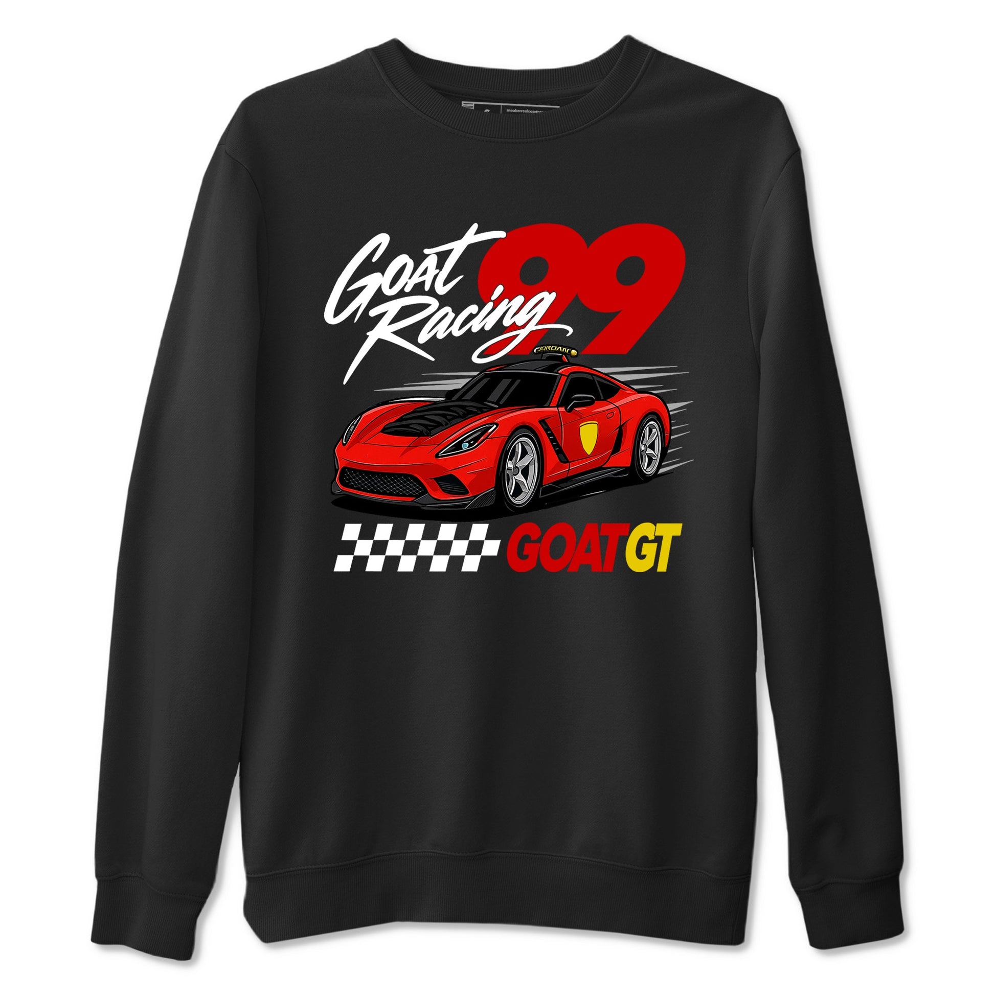 Goat Racing sneaker match t-shirt styled to complete your fit with the Air Jordan 14 Challenge Red sneakers, graphic shirts in Black 2.