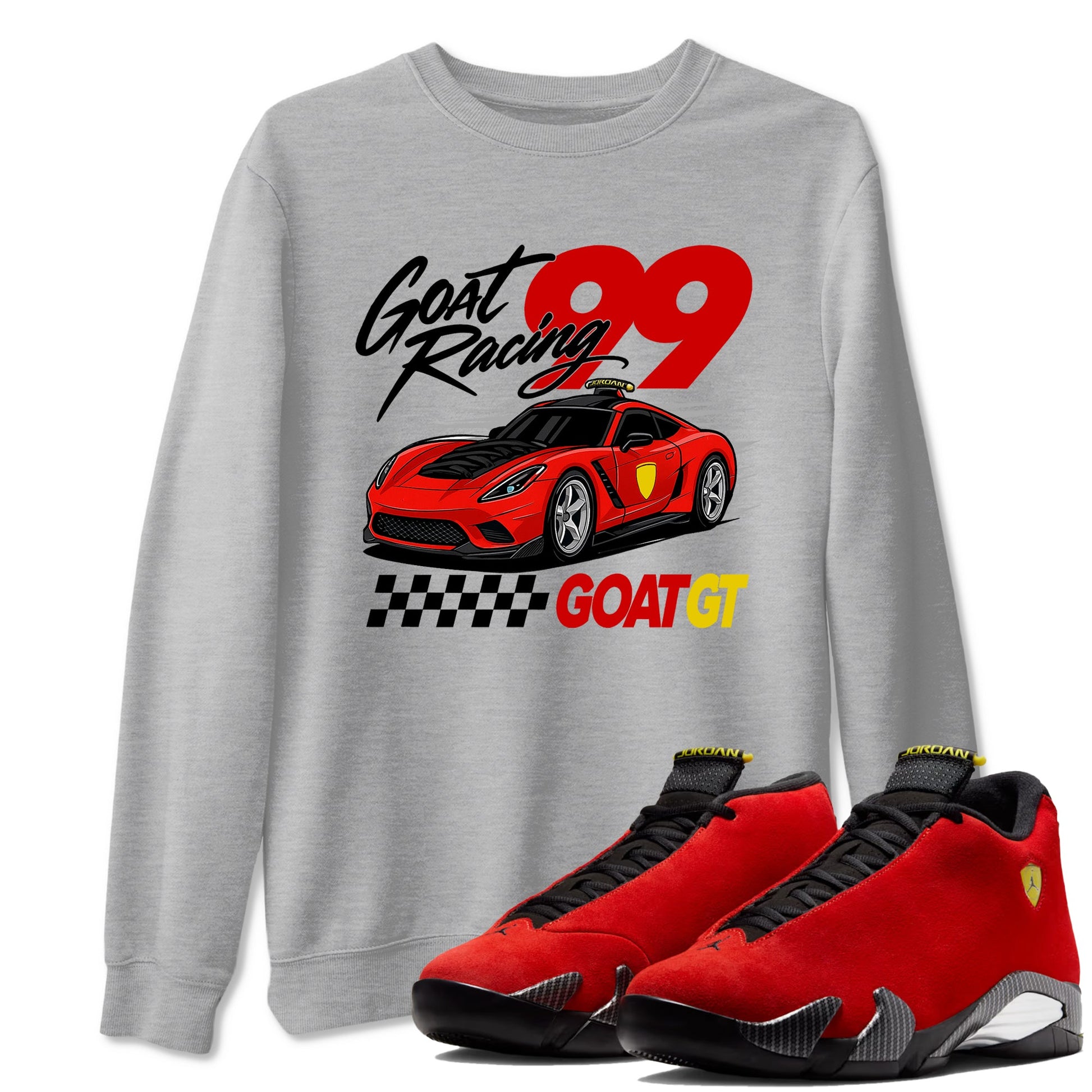 Goat Racing sneaker match t-shirt styled to complete your fit with the Air Jordan 14 Challenge Red sneakers, graphic shirts in Heather Grey 1.