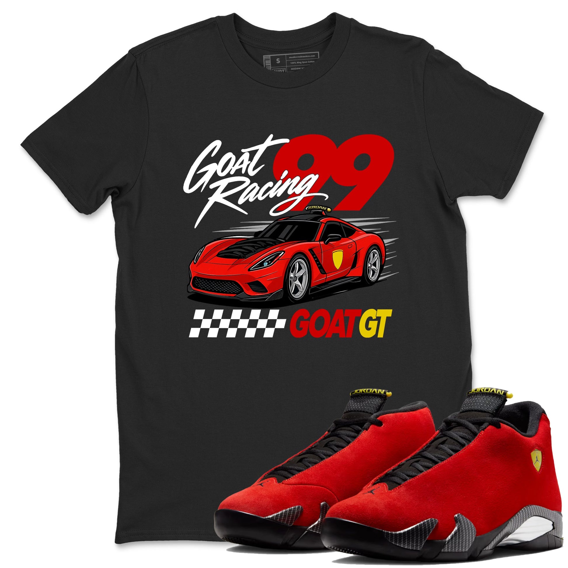 Goat Racing sneaker match t-shirt styled to complete your fit with the Air Jordan 14 Challenge Red sneakers, graphic shirts in Black 1.