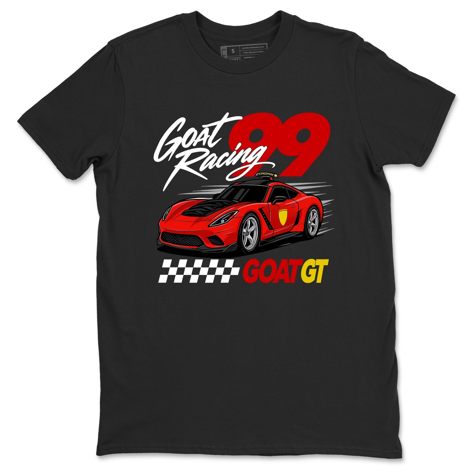 Goat Racing sneaker match t-shirt styled to complete your fit with the Air Jordan 14 Challenge Red sneakers, graphic shirts in Black 2.