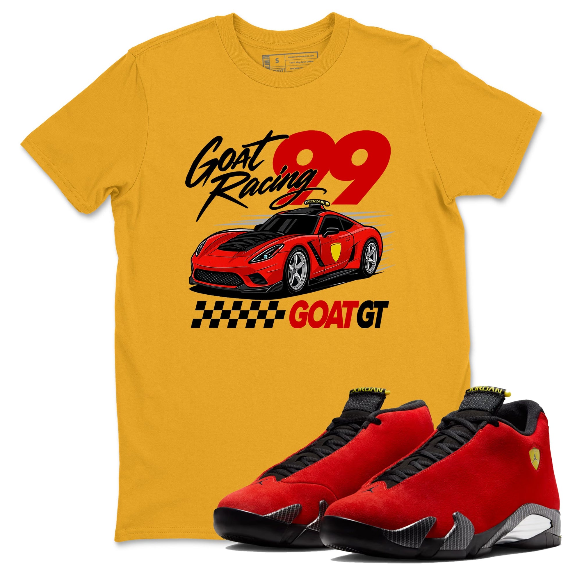 Goat Racing sneaker match t-shirt styled to complete your fit with the Air Jordan 14 Challenge Red sneakers, graphic shirts in Gold 1.