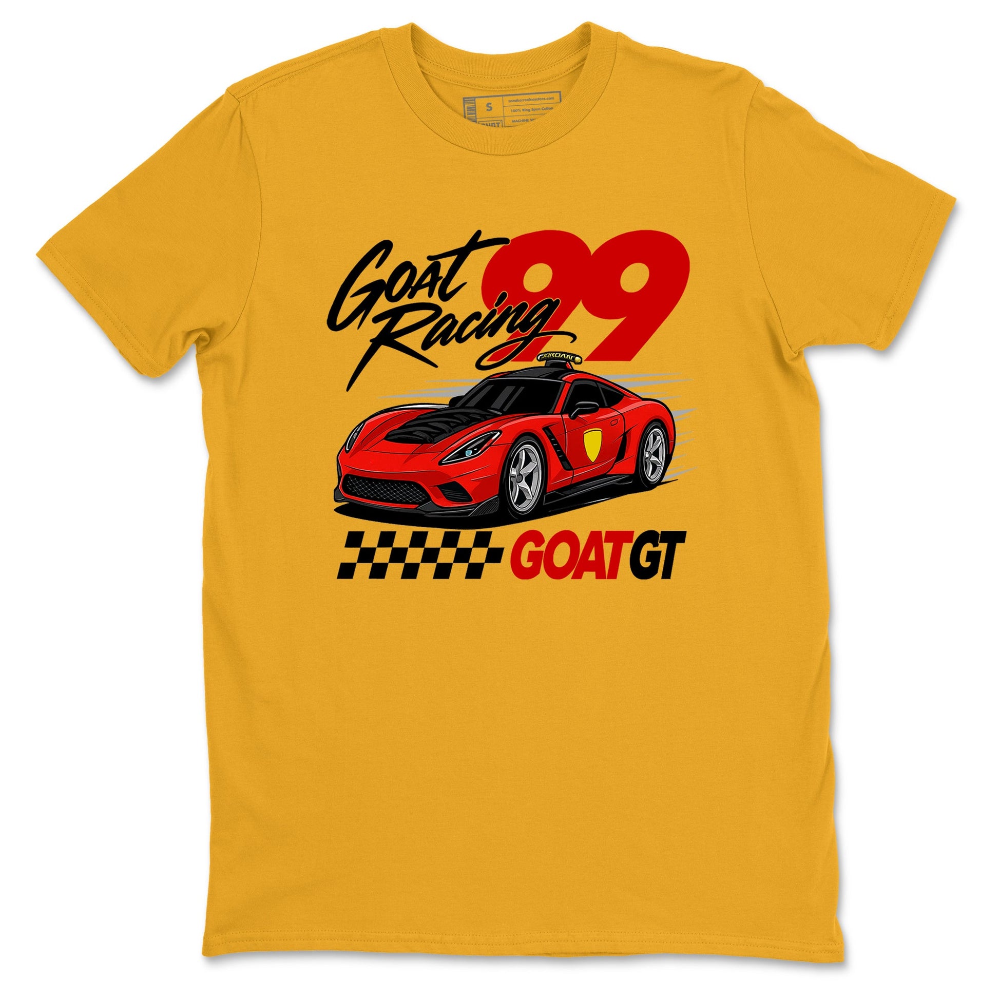 Goat Racing sneaker match t-shirt styled to complete your fit with the Air Jordan 14 Challenge Red sneakers, graphic shirts in Gold 2.