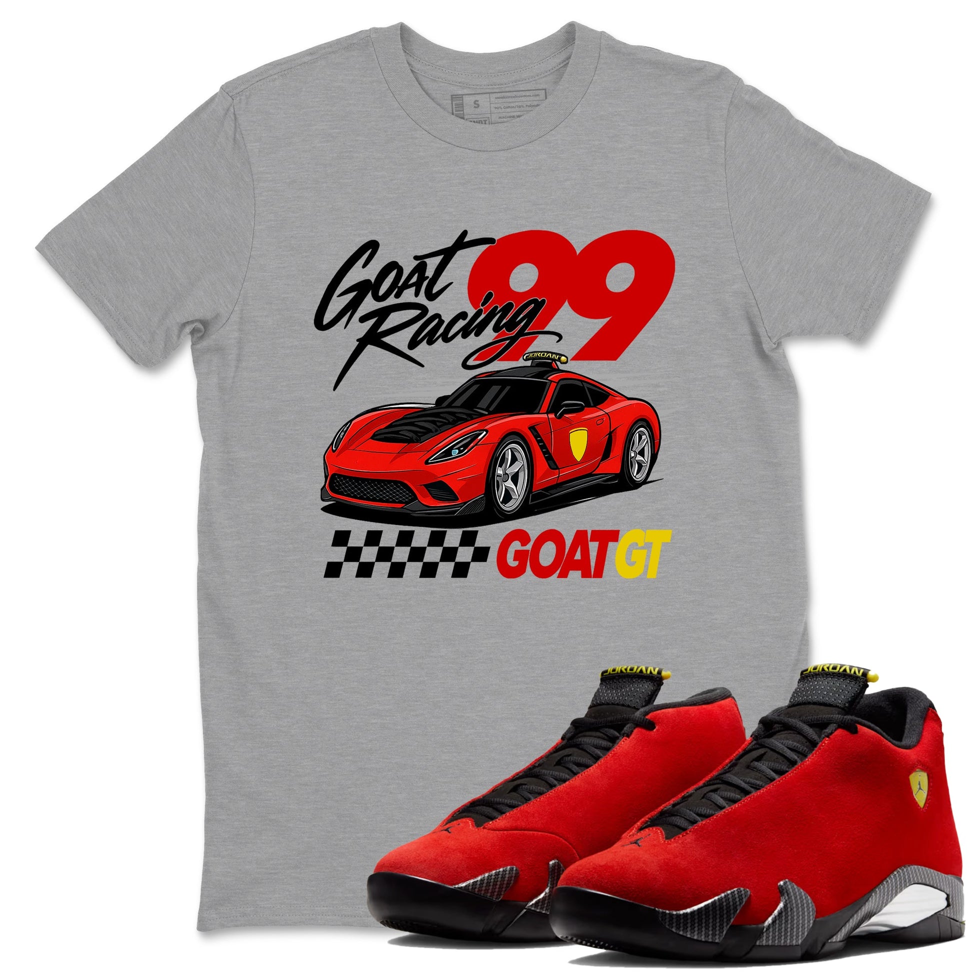 Goat Racing sneaker match t-shirt styled to complete your fit with the Air Jordan 14 Challenge Red sneakers, graphic shirts in Heather Grey 1.