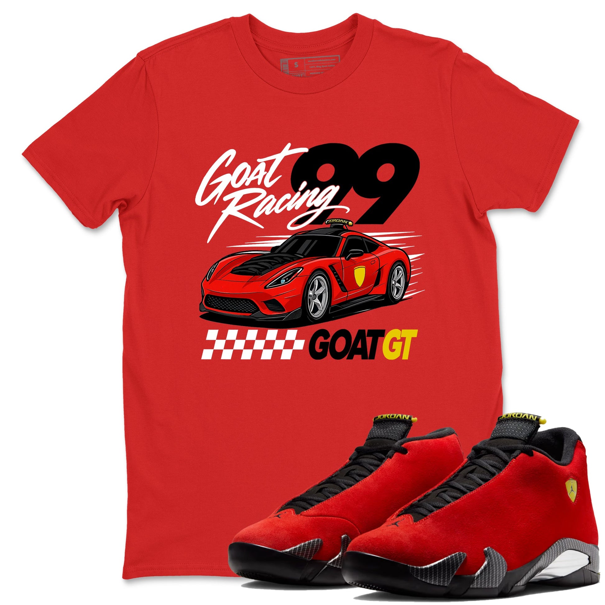 Goat Racing sneaker match t-shirt styled to complete your fit with the Air Jordan 14 Challenge Red sneakers, graphic shirts in Red 1.