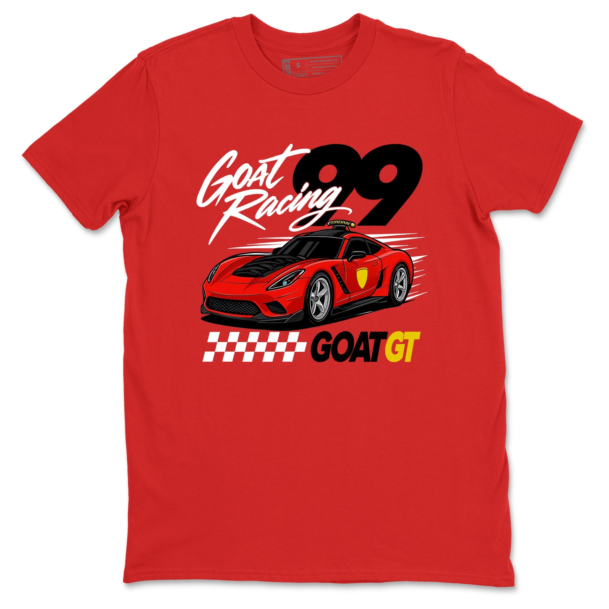 Goat Racing sneaker match t-shirt styled to complete your fit with the Air Jordan 14 Challenge Red sneakers, graphic shirts in Red 2.