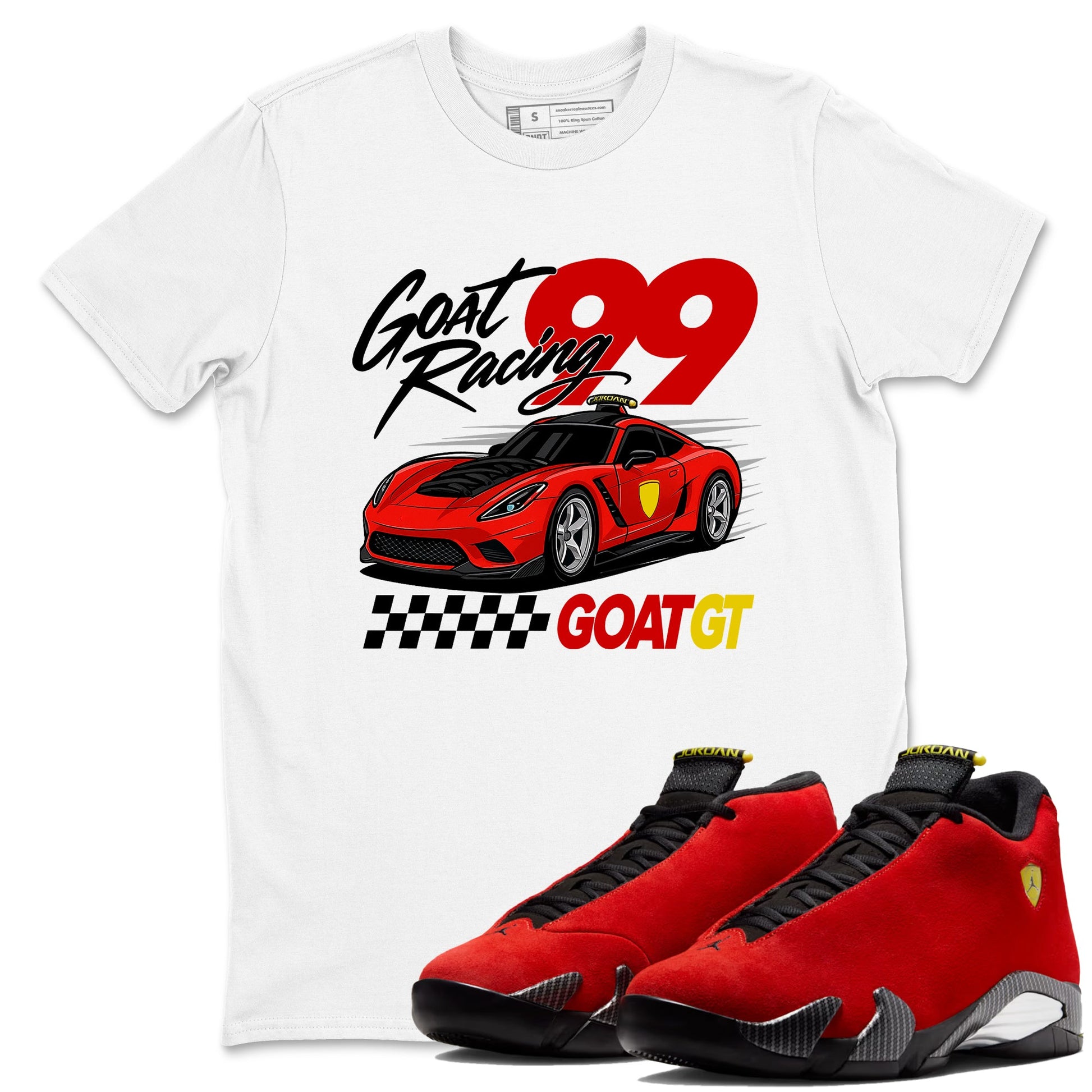 Goat Racing sneaker match t-shirt styled to complete your fit with the Air Jordan 14 Challenge Red sneakers, graphic shirts in White 1.
