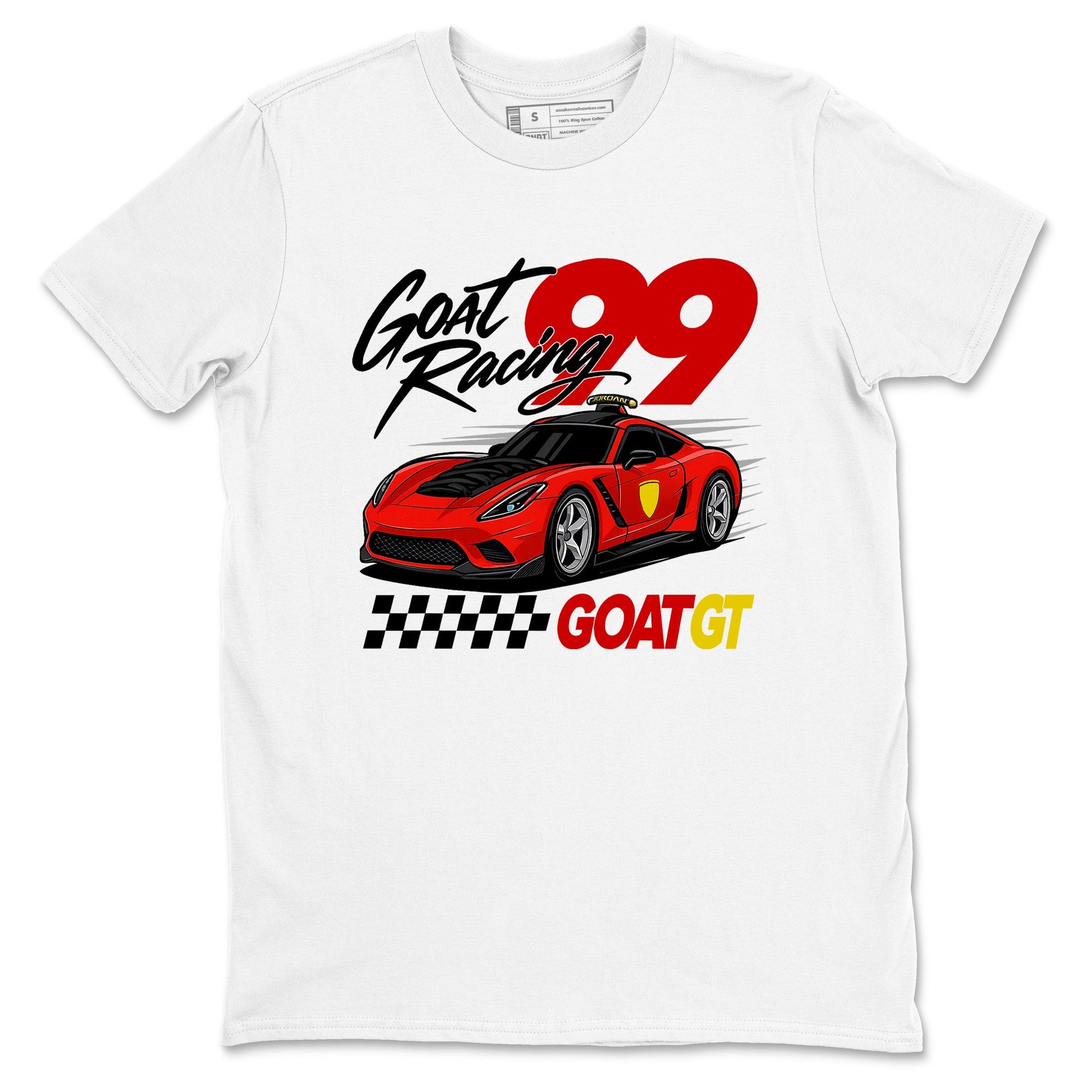 Goat Racing sneaker match t-shirt styled to complete your fit with the Air Jordan 14 Challenge Red sneakers, graphic shirts in White 2.