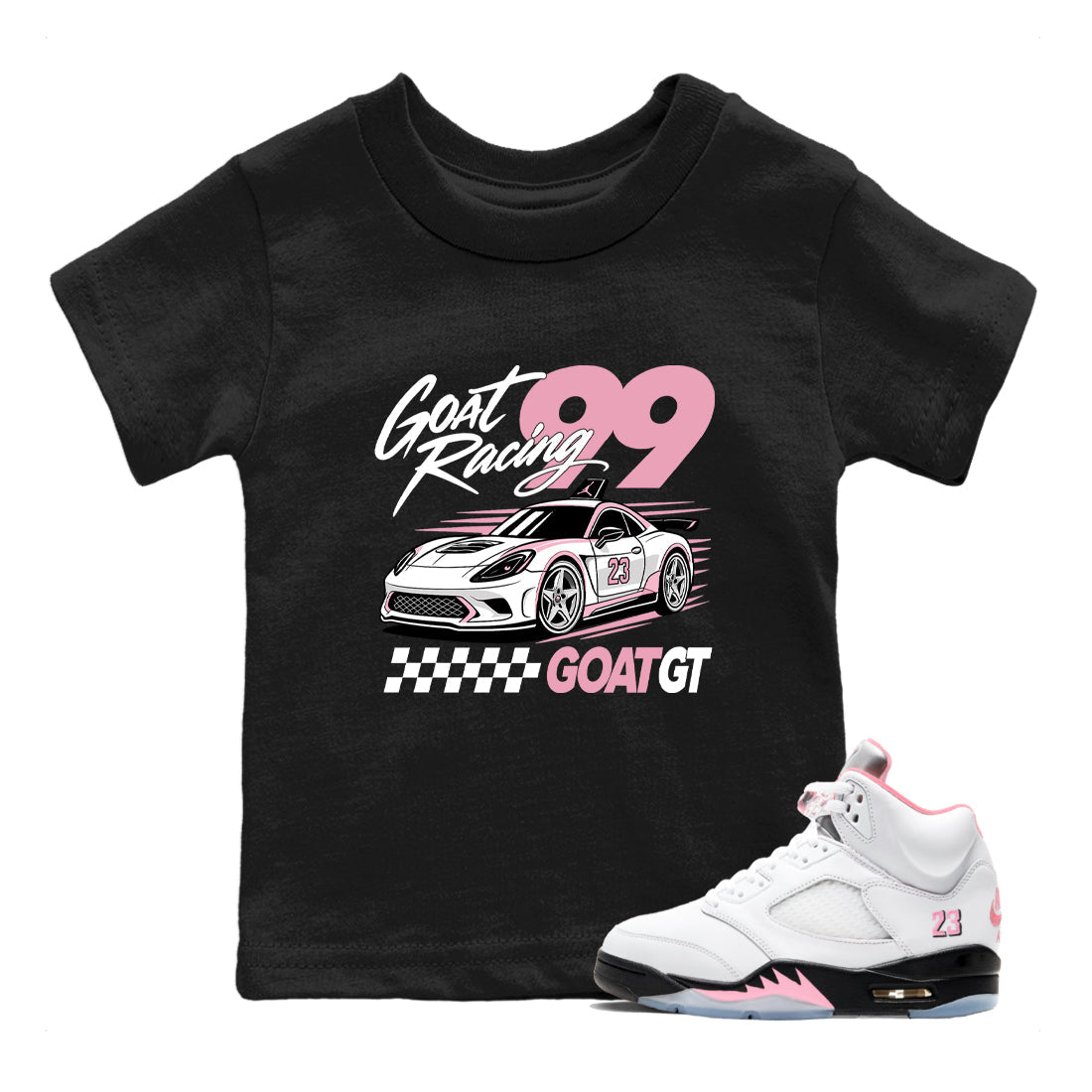 Goat Racing baby and kids t-shirt crafted for little sneakerheads to shine with the Air Jordan 5 35th Anniversary sneakers, displayed in Black 1.