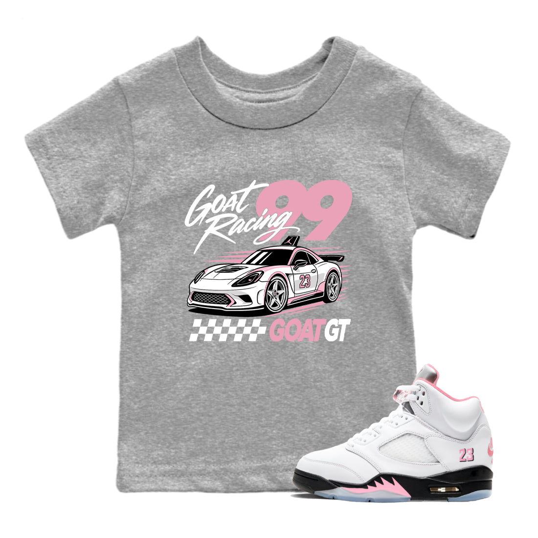 Goat Racing baby and kids t-shirt crafted for little sneakerheads to shine with the Air Jordan 5 35th Anniversary sneakers, displayed in Heather Grey 1.