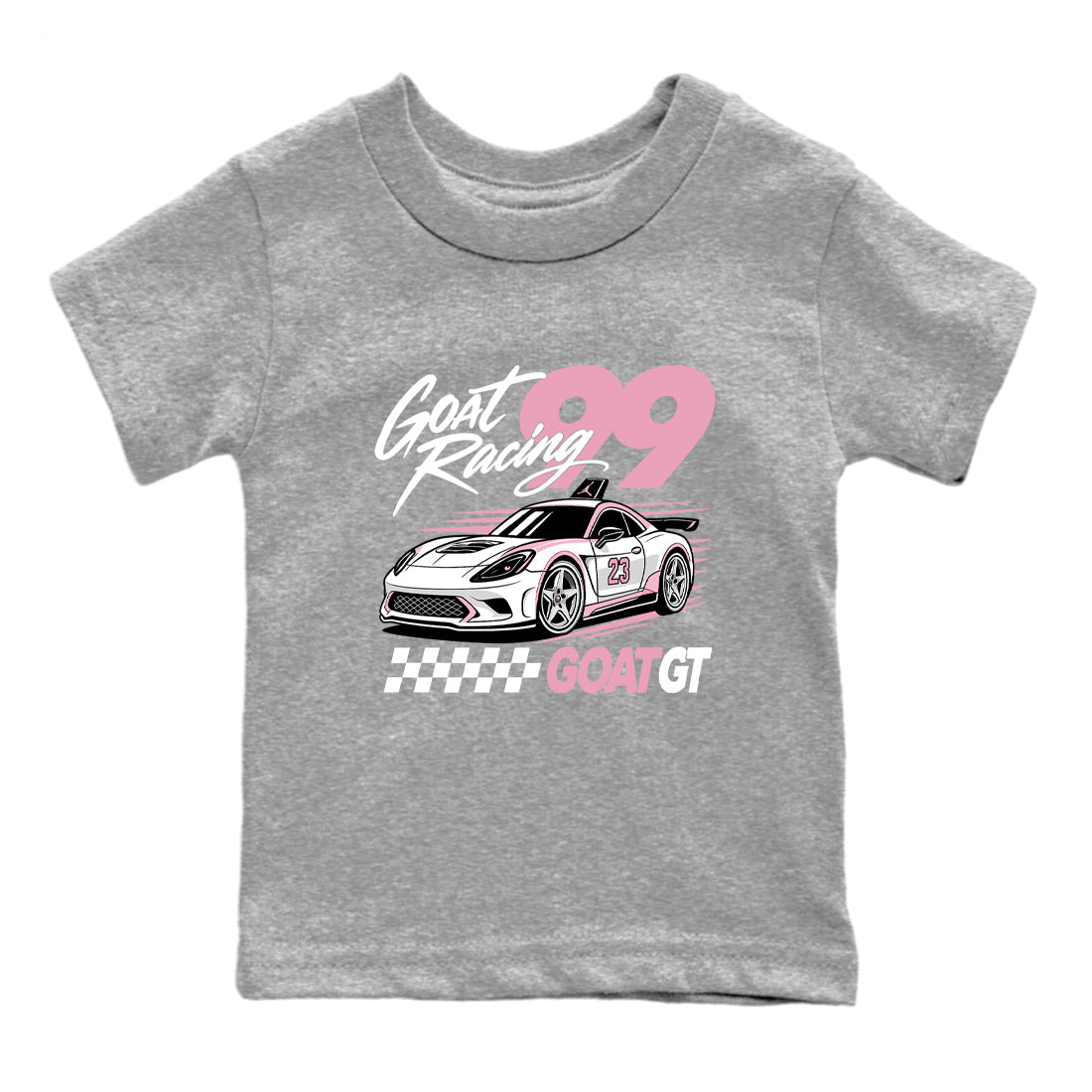 Goat Racing baby and kids t-shirt crafted for little sneakerheads to shine with the Air Jordan 5 35th Anniversary sneakers, displayed in Heather Grey 2.
