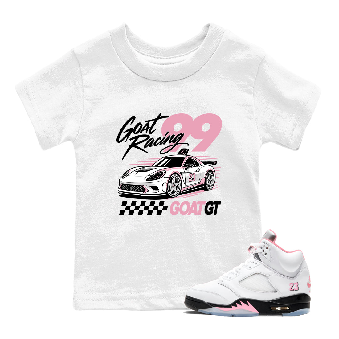 Goat Racing baby and kids t-shirt crafted for little sneakerheads to shine with the Air Jordan 5 35th Anniversary sneakers, displayed in White 1.