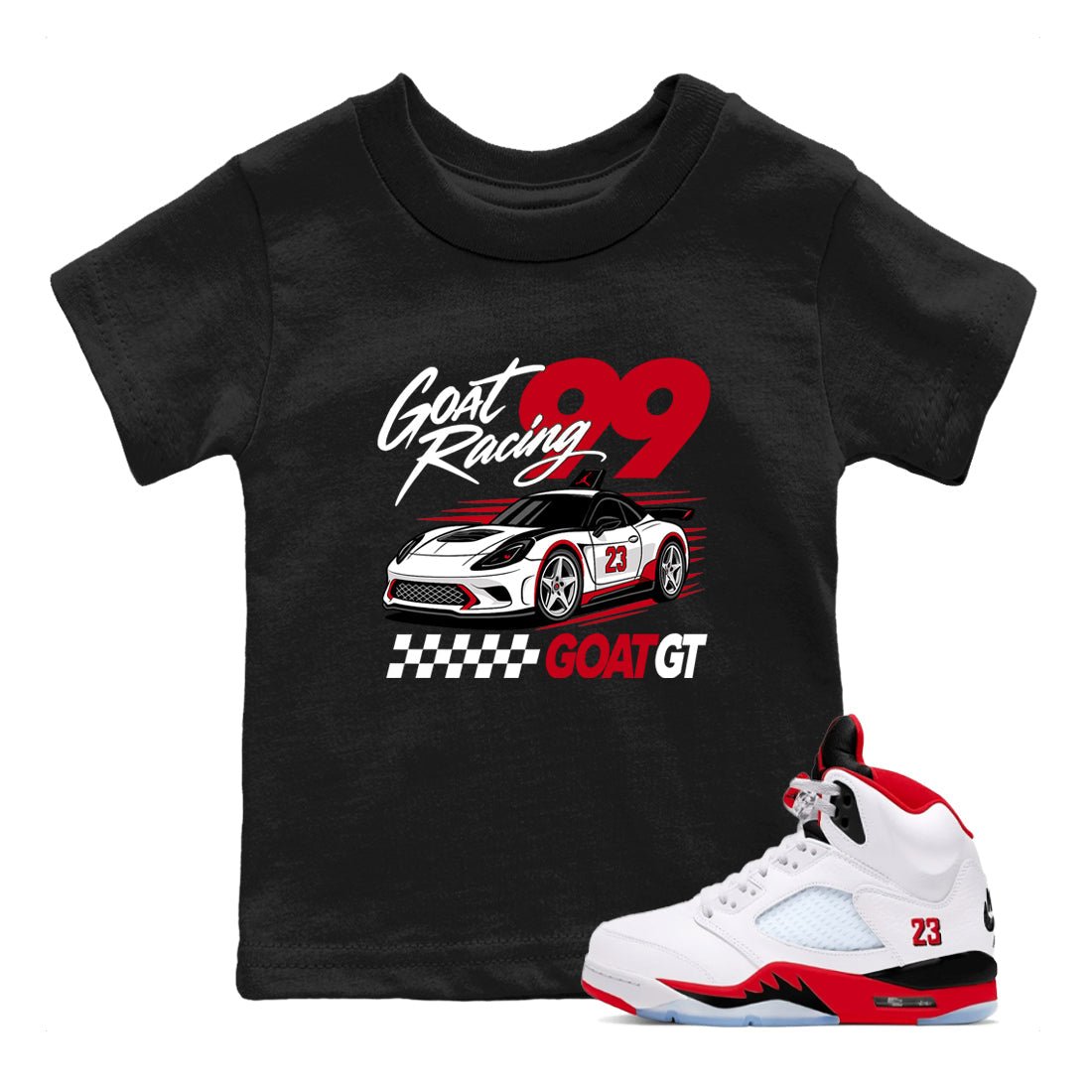 Goat Racing baby and kids t-shirt crafted for little sneakerheads to shine with the Air Jordan 5 Fire Red sneakers, displayed in Black 1.