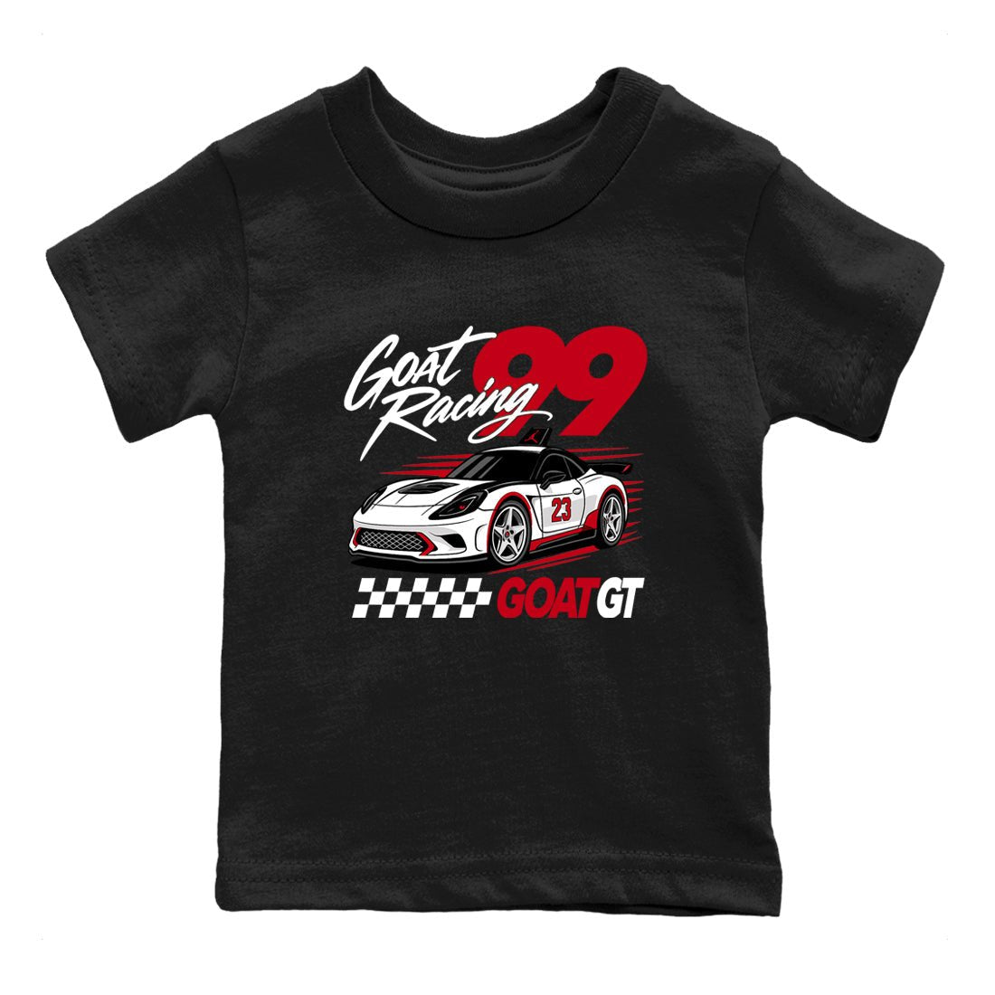 Goat Racing baby and kids t-shirt crafted for little sneakerheads to shine with the Air Jordan 5 Fire Red sneakers, displayed in Black 2.