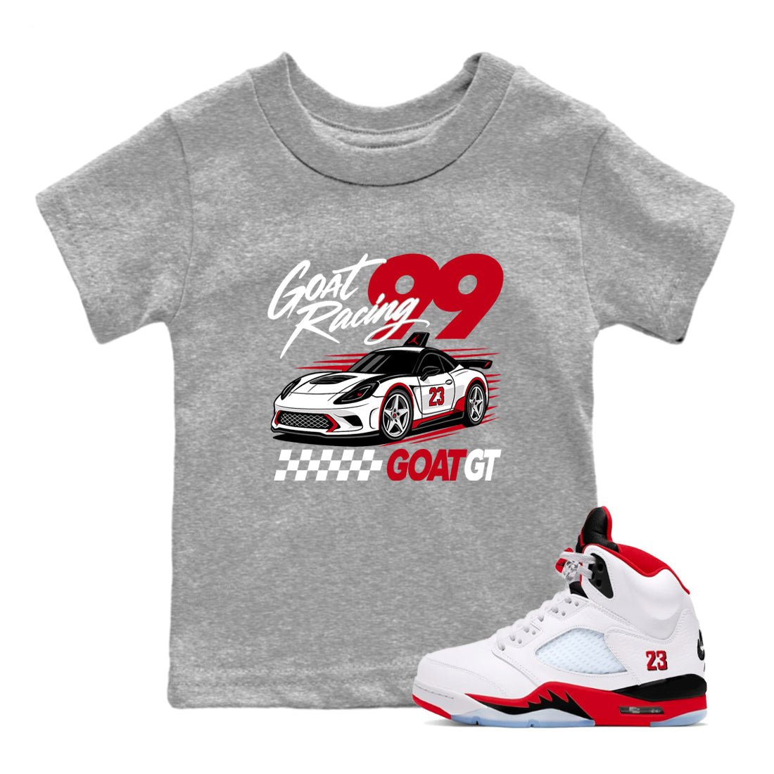 Goat Racing baby and kids t-shirt crafted for little sneakerheads to shine with the Air Jordan 5 Fire Red sneakers, displayed in Heather Grey 1.