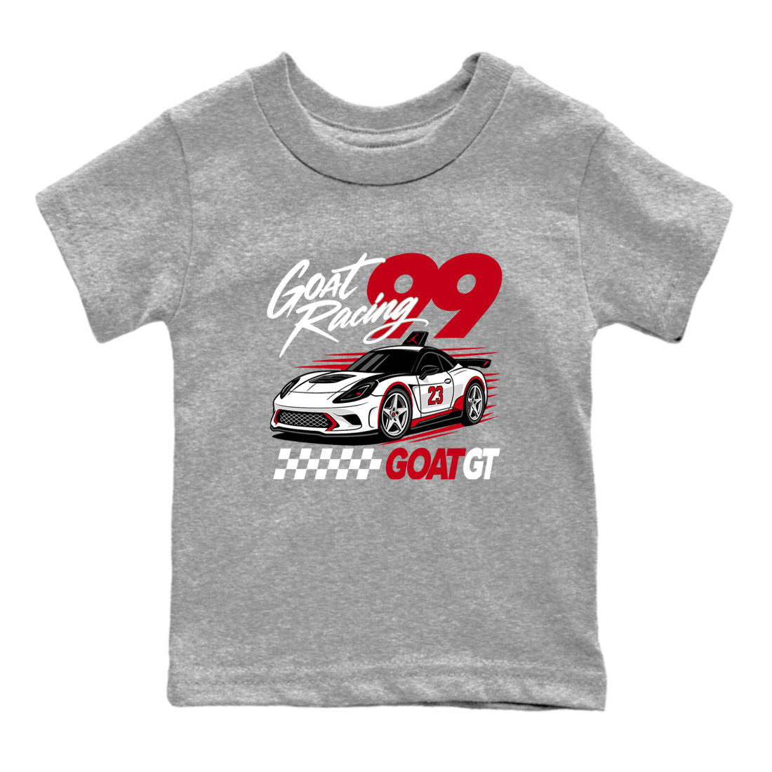 Goat Racing baby and kids t-shirt crafted for little sneakerheads to shine with the Air Jordan 5 Fire Red sneakers, displayed in Heather Grey 2.