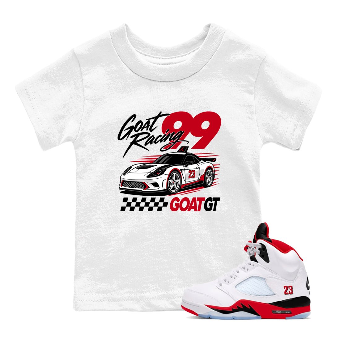 Goat Racing baby and kids t-shirt crafted for little sneakerheads to shine with the Air Jordan 5 Fire Red sneakers, displayed in White 1.