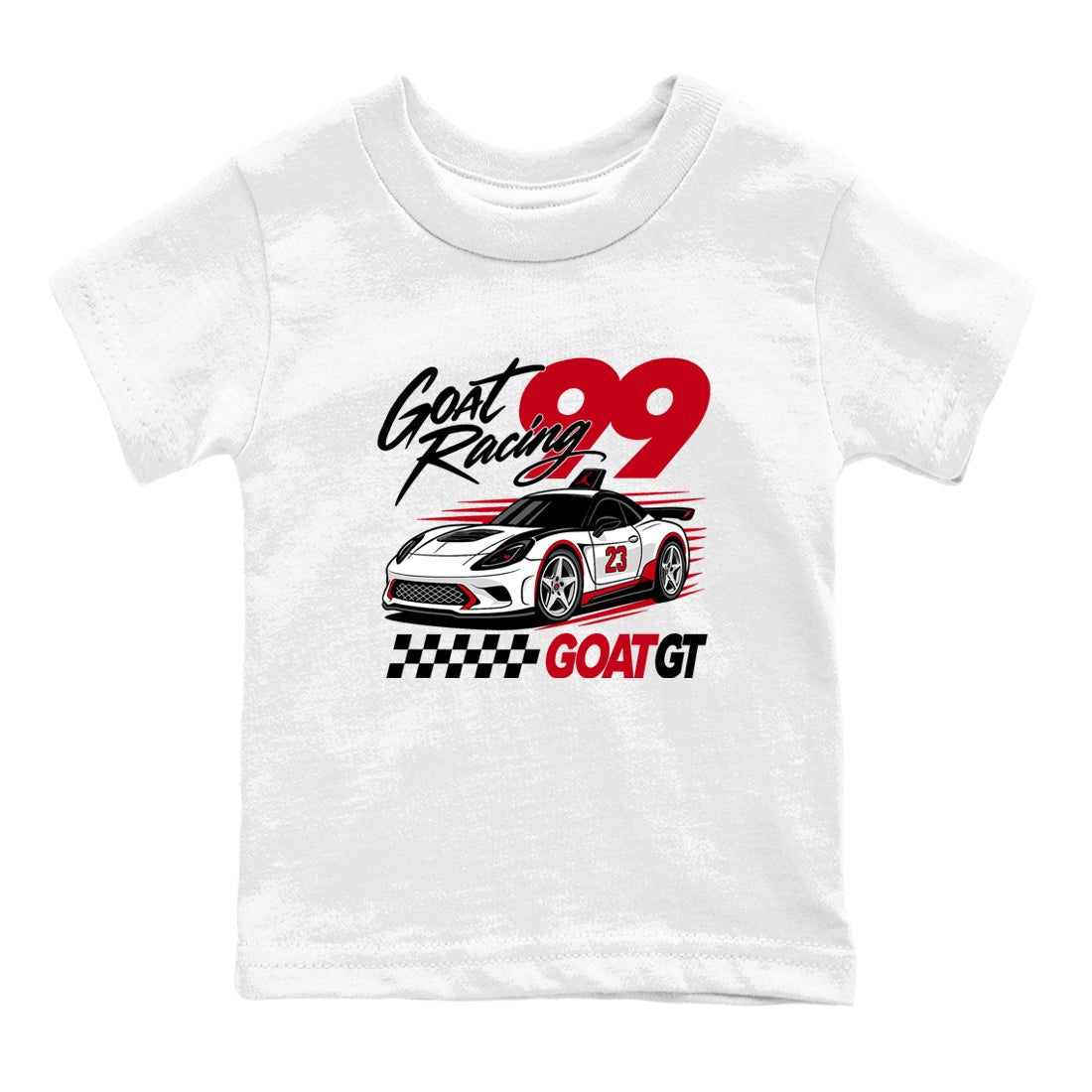 Goat Racing baby and kids t-shirt crafted for little sneakerheads to shine with the Air Jordan 5 Fire Red sneakers, displayed in White 2.