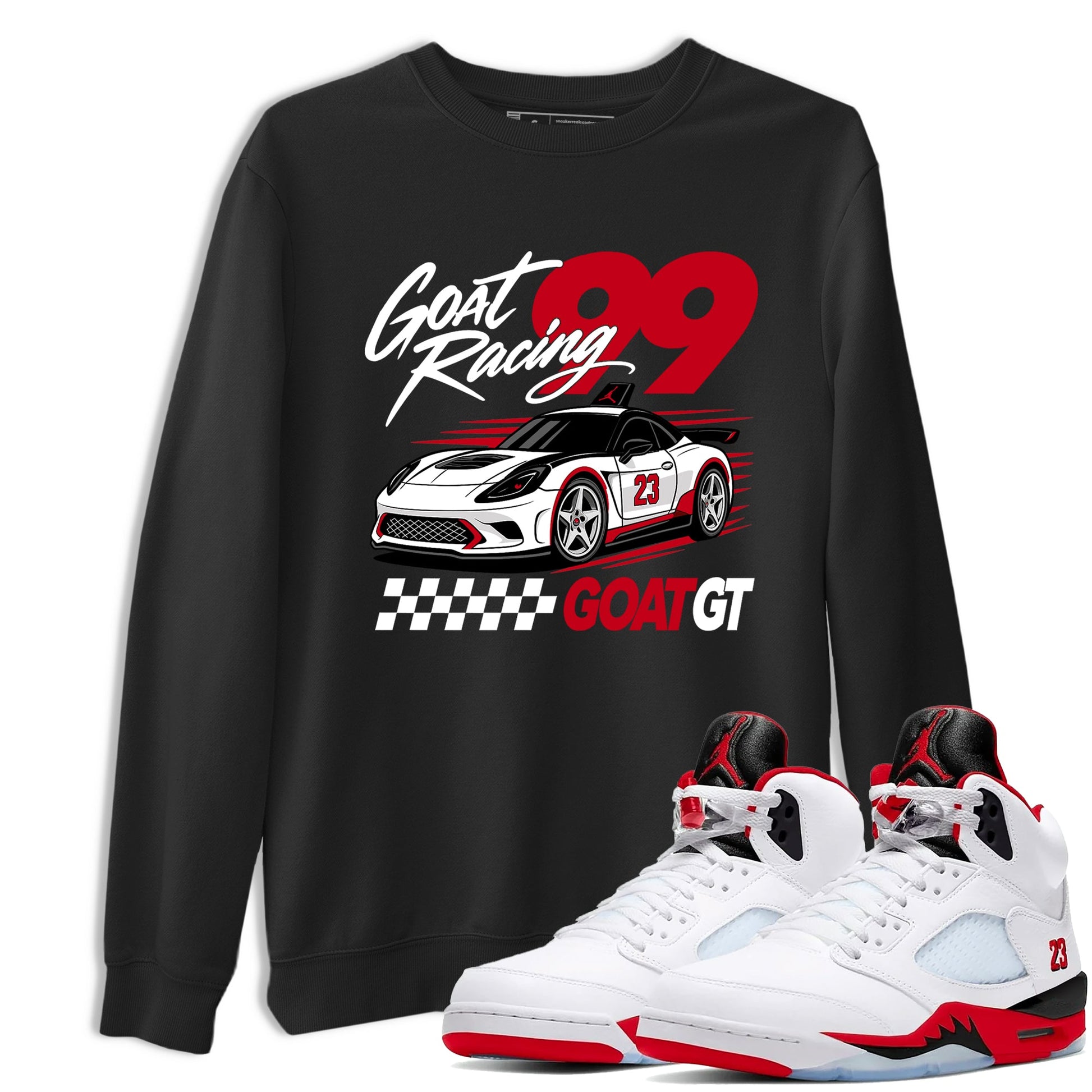 Goat Racing shirts to match jordans, dunks styled to complete your fit with the Air Jordan 5 Fire Red sneakers, shown in Black 1.