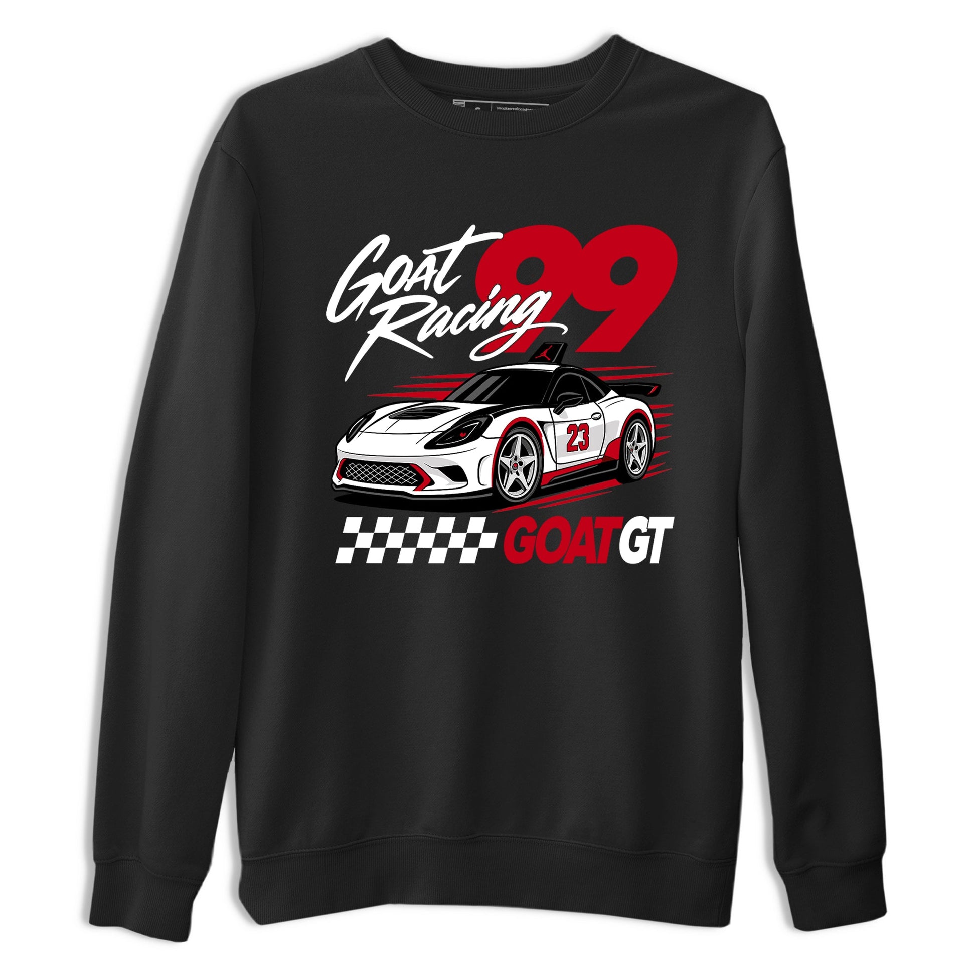 Goat Racing shirts to match jordans, dunks styled to complete your fit with the Air Jordan 5 Fire Red sneakers, shown in Black 2.