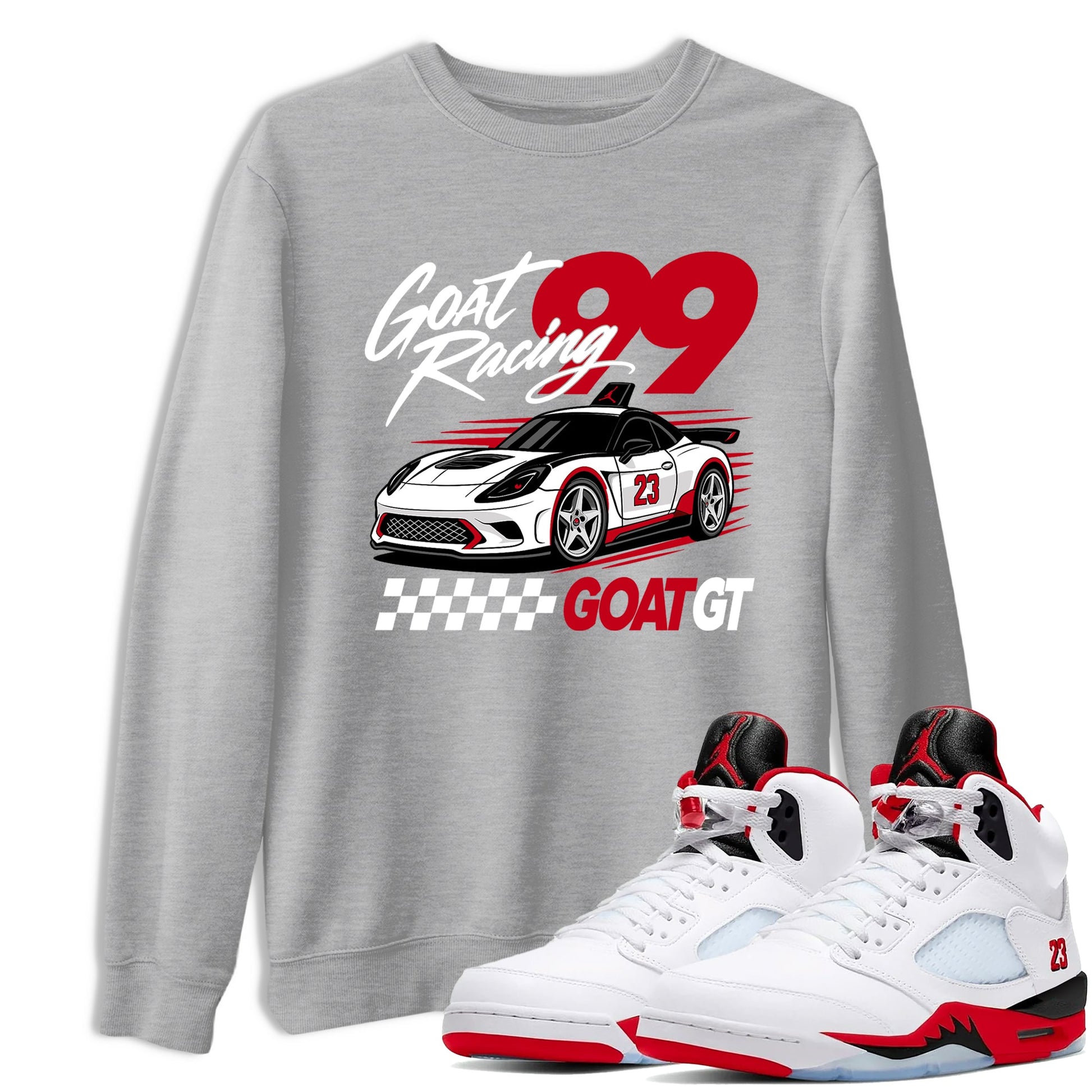 Goat Racing shirts to match jordans, dunks styled to complete your fit with the Air Jordan 5 Fire Red sneakers, shown in Heather Grey 1.