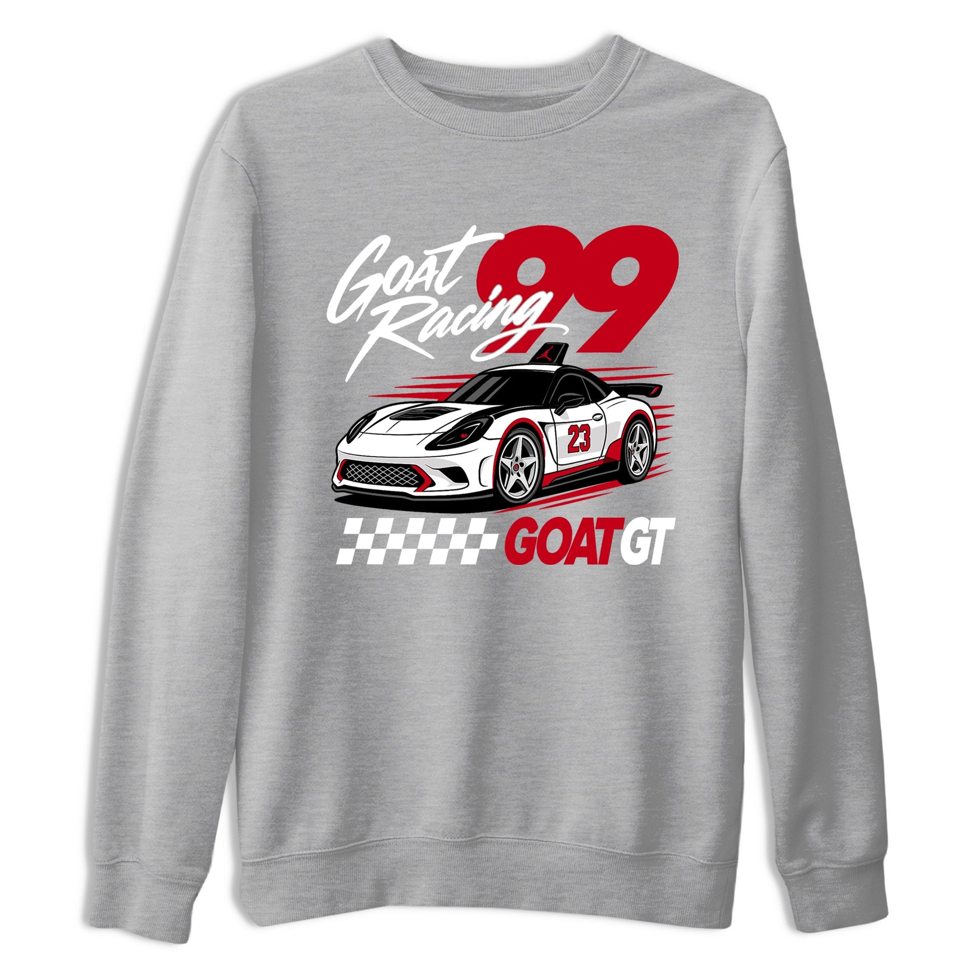 Goat Racing shirts to match jordans, dunks styled to complete your fit with the Air Jordan 5 Fire Red sneakers, shown in Heather Grey 2.
