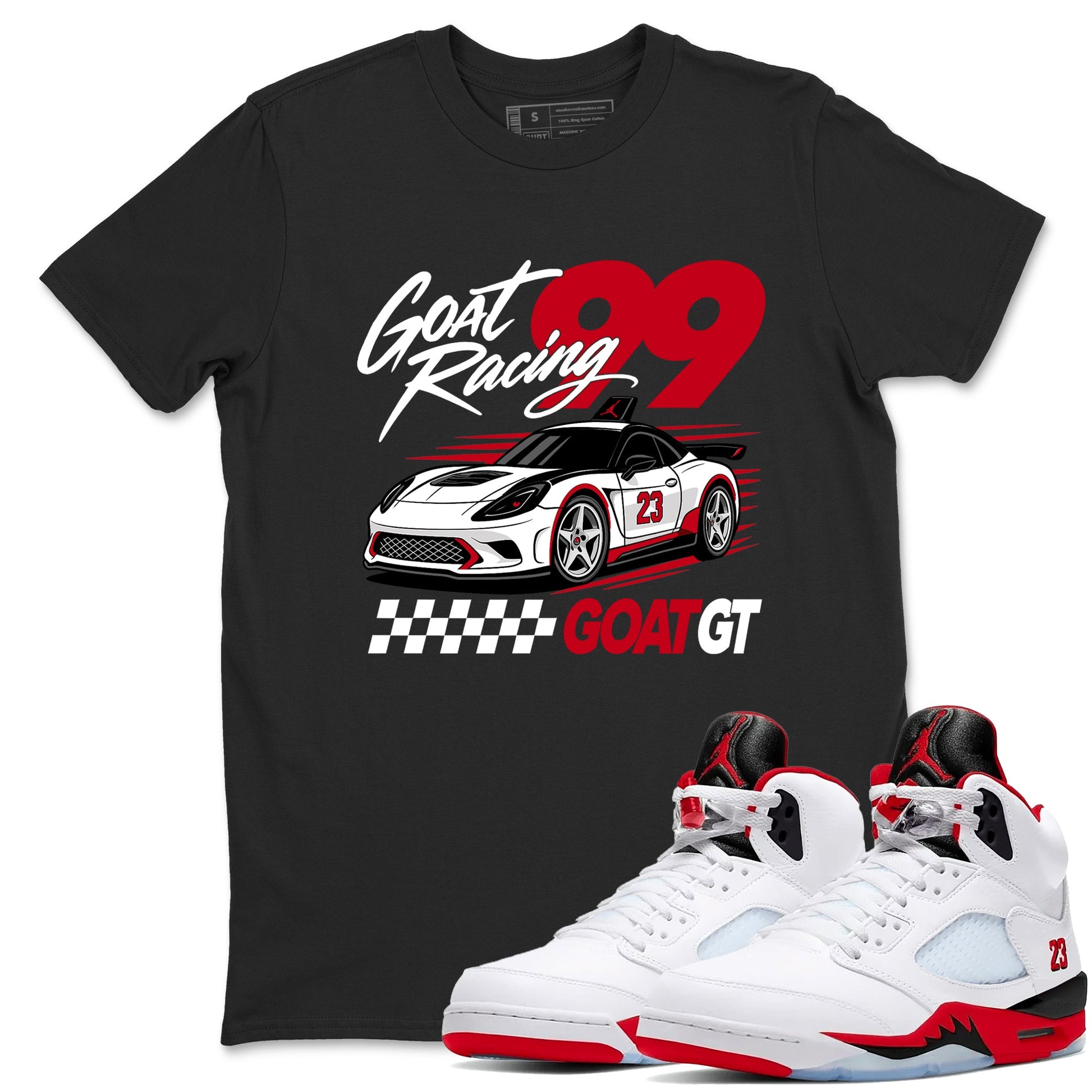 Goat Racing shirts to match jordans, dunks styled to complete your fit with the Air Jordan 5 Fire Red sneakers, shown in Black 1.
