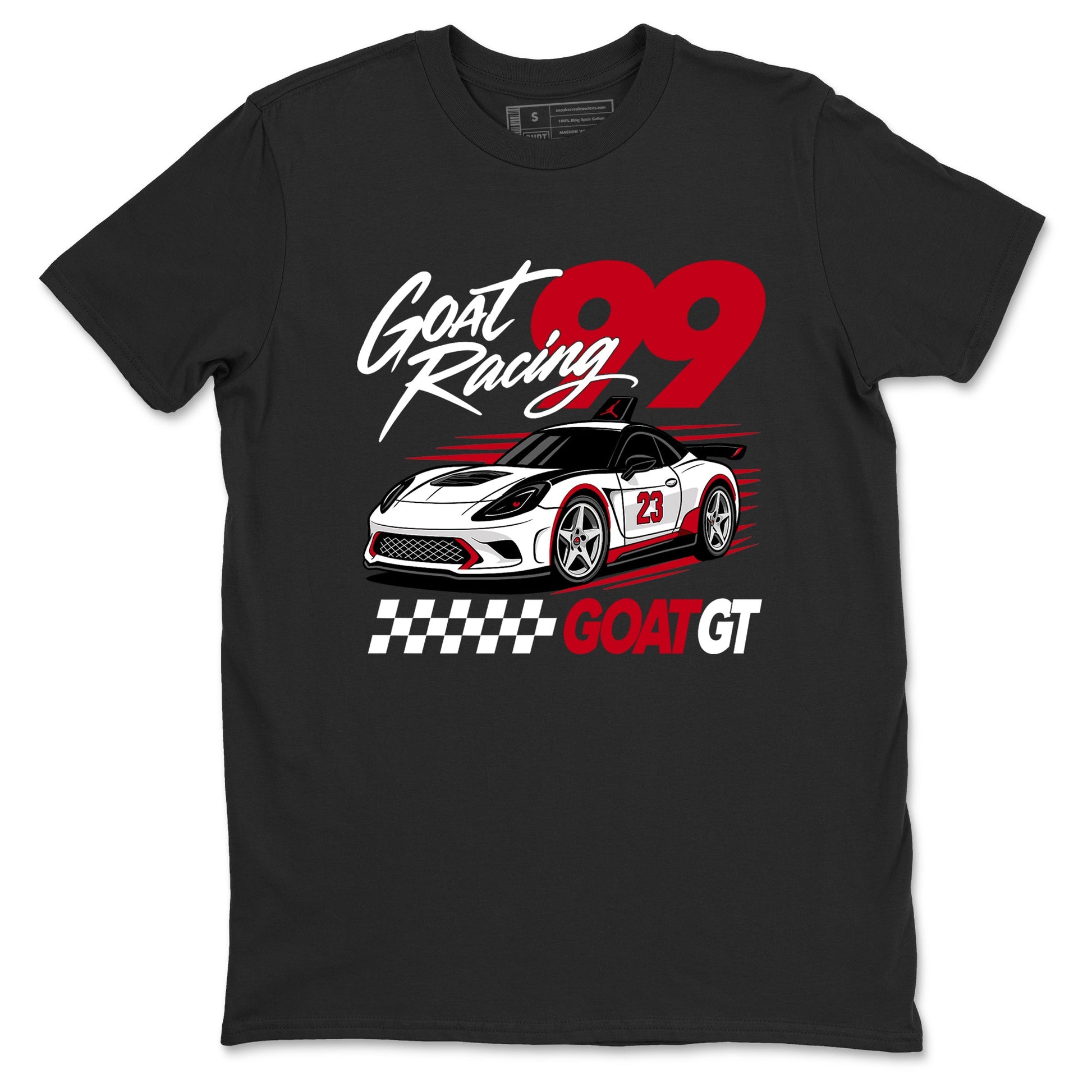 Goat Racing shirts to match jordans, dunks styled to complete your fit with the Air Jordan 5 Fire Red sneakers, shown in Black 2.