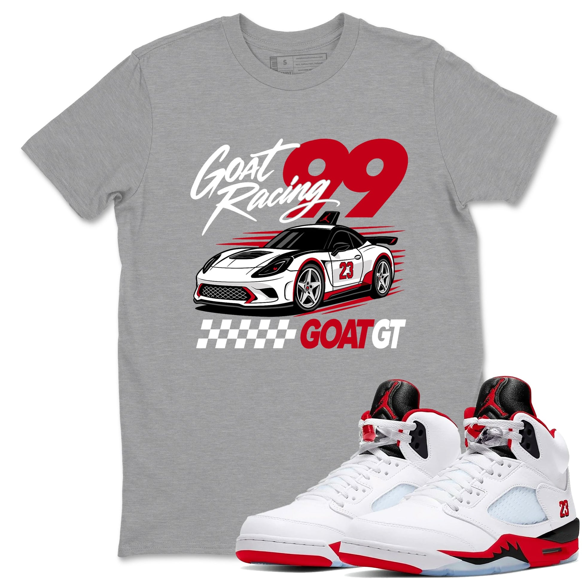 Goat Racing shirts to match jordans, dunks styled to complete your fit with the Air Jordan 5 Fire Red sneakers, shown in Heather Grey 1.
