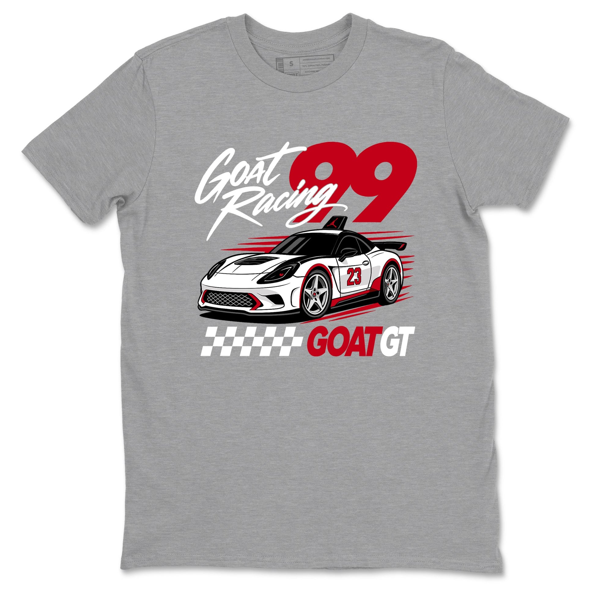 Goat Racing shirts to match jordans, dunks styled to complete your fit with the Air Jordan 5 Fire Red sneakers, shown in Heather Grey 2.
