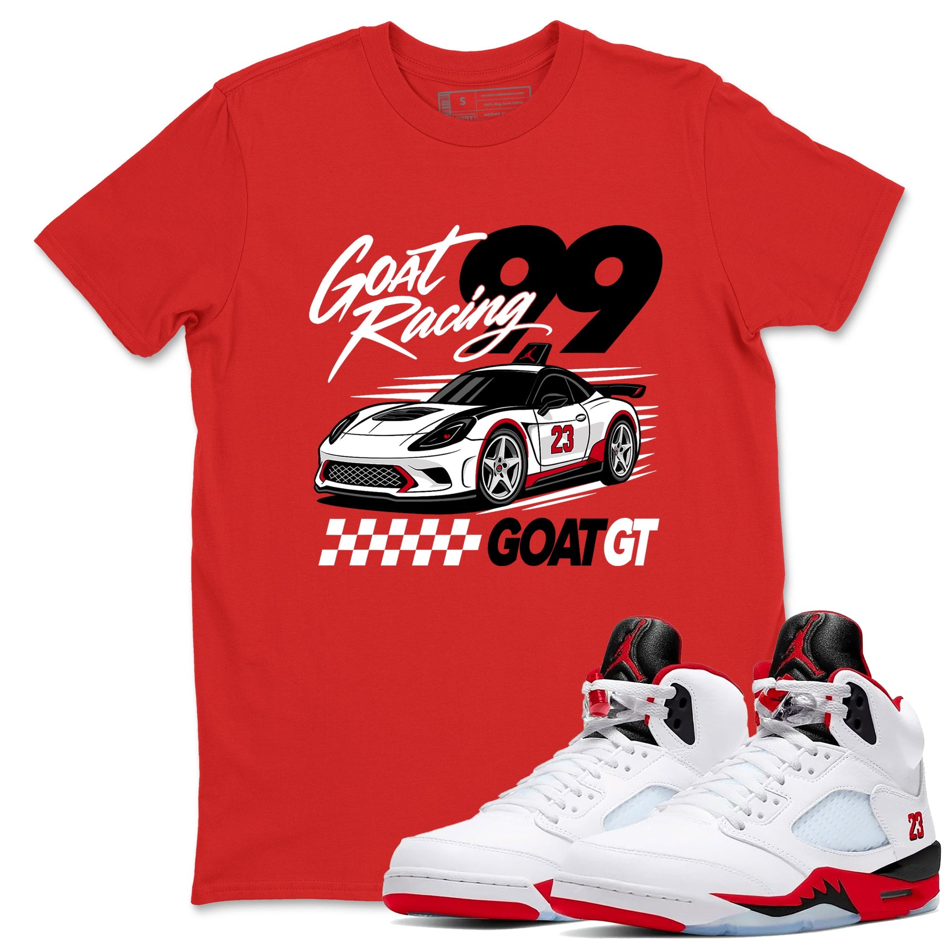 Goat Racing shirts to match jordans, dunks styled to complete your fit with the Air Jordan 5 Fire Red sneakers, shown in Red 1.
