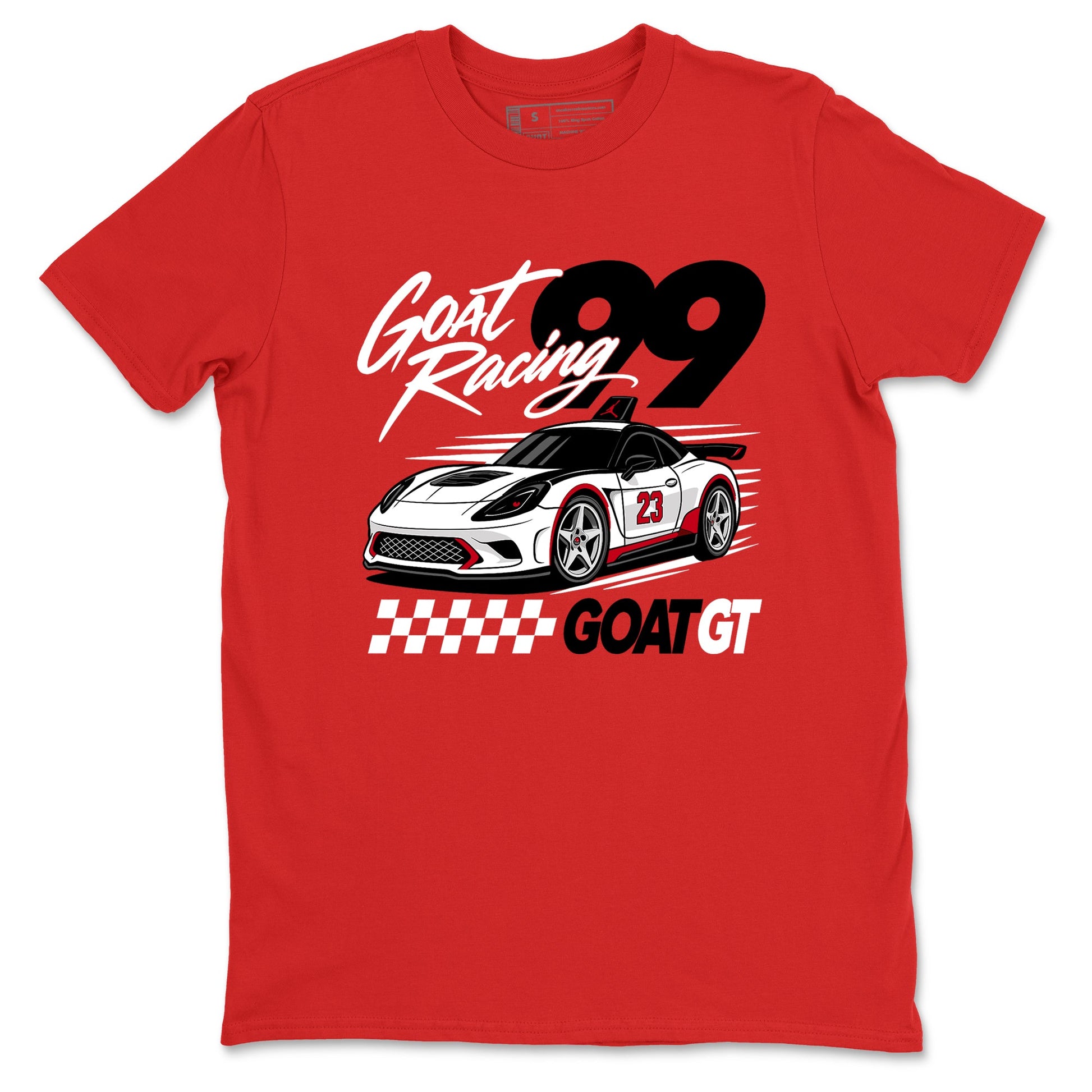 Goat Racing shirts to match jordans, dunks styled to complete your fit with the Air Jordan 5 Fire Red sneakers, shown in Red 2.