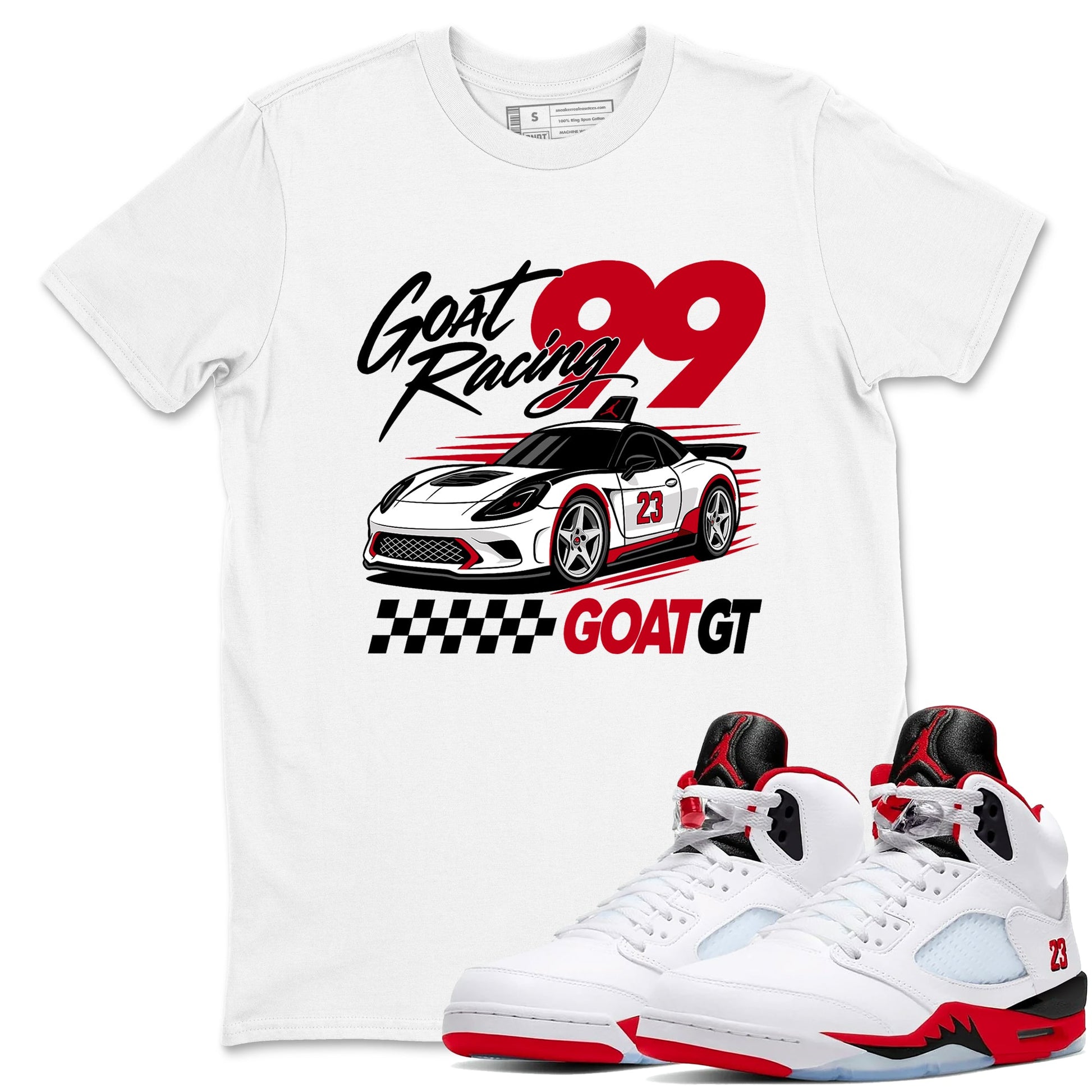 Goat Racing shirts to match jordans, dunks styled to complete your fit with the Air Jordan 5 Fire Red sneakers, shown in White 1.