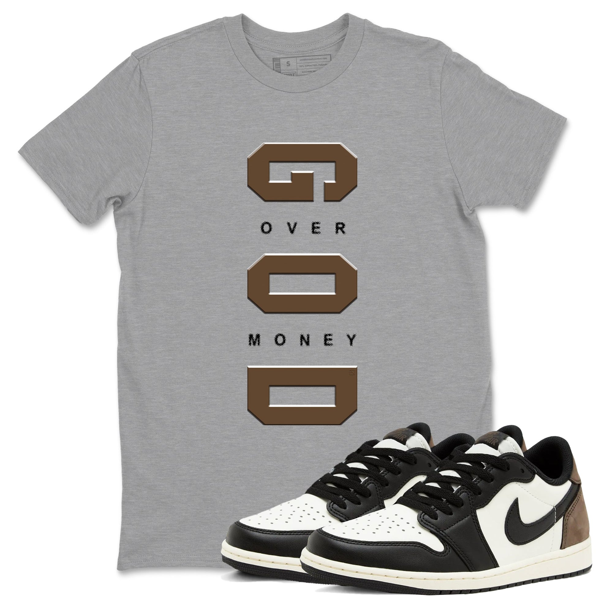 1s Mocha shirts to match jordans God Over Money sneaker match tees Air Jordan 1 Mocha match shoes to clothes SNRT Sneaker Tees unisex cotton Heather Grey 1 shirts