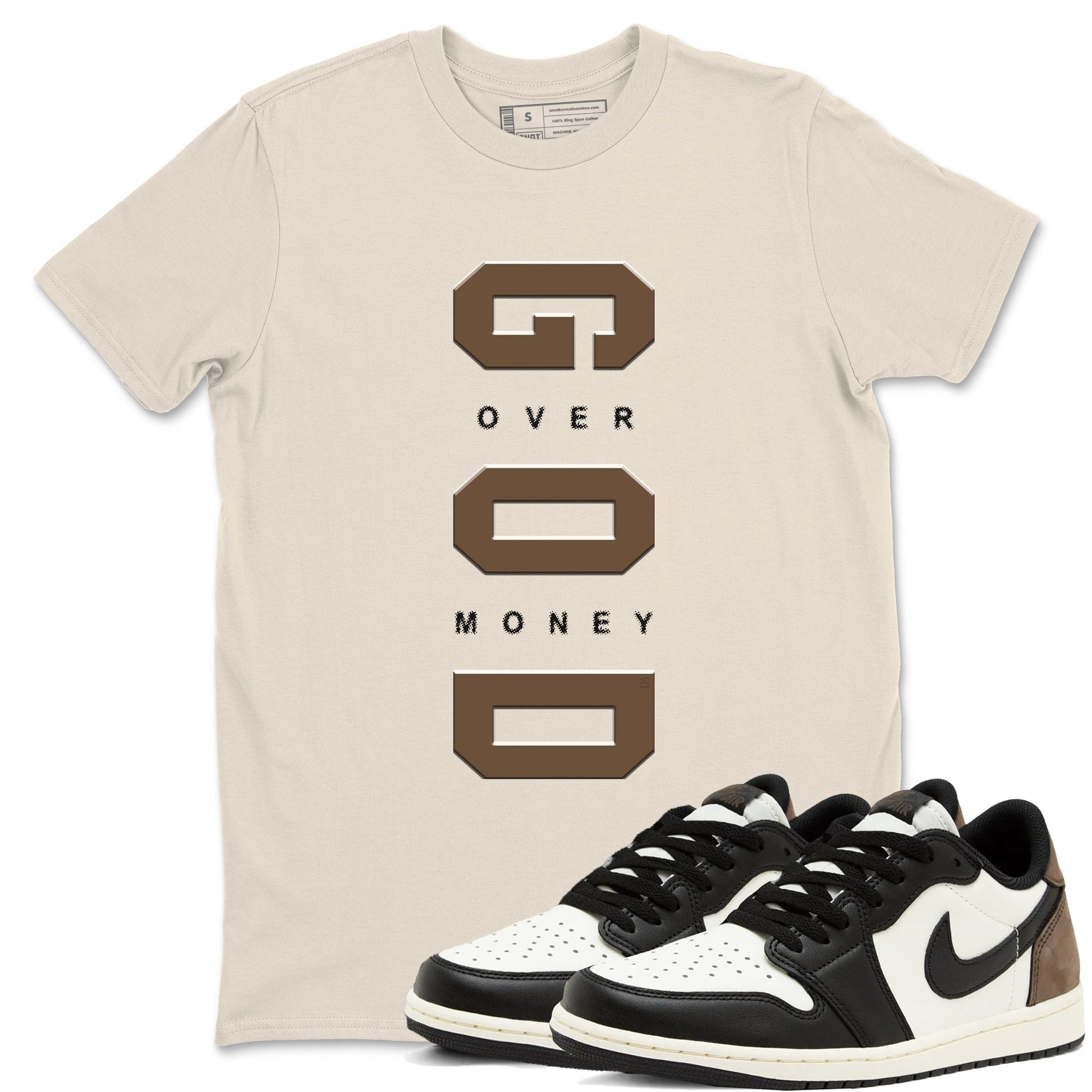 1s Mocha shirts to match jordans God Over Money sneaker match tees Air Jordan 1 Mocha match shoes to clothes SNRT Sneaker Tees unisex cotton Natural 1 shirts