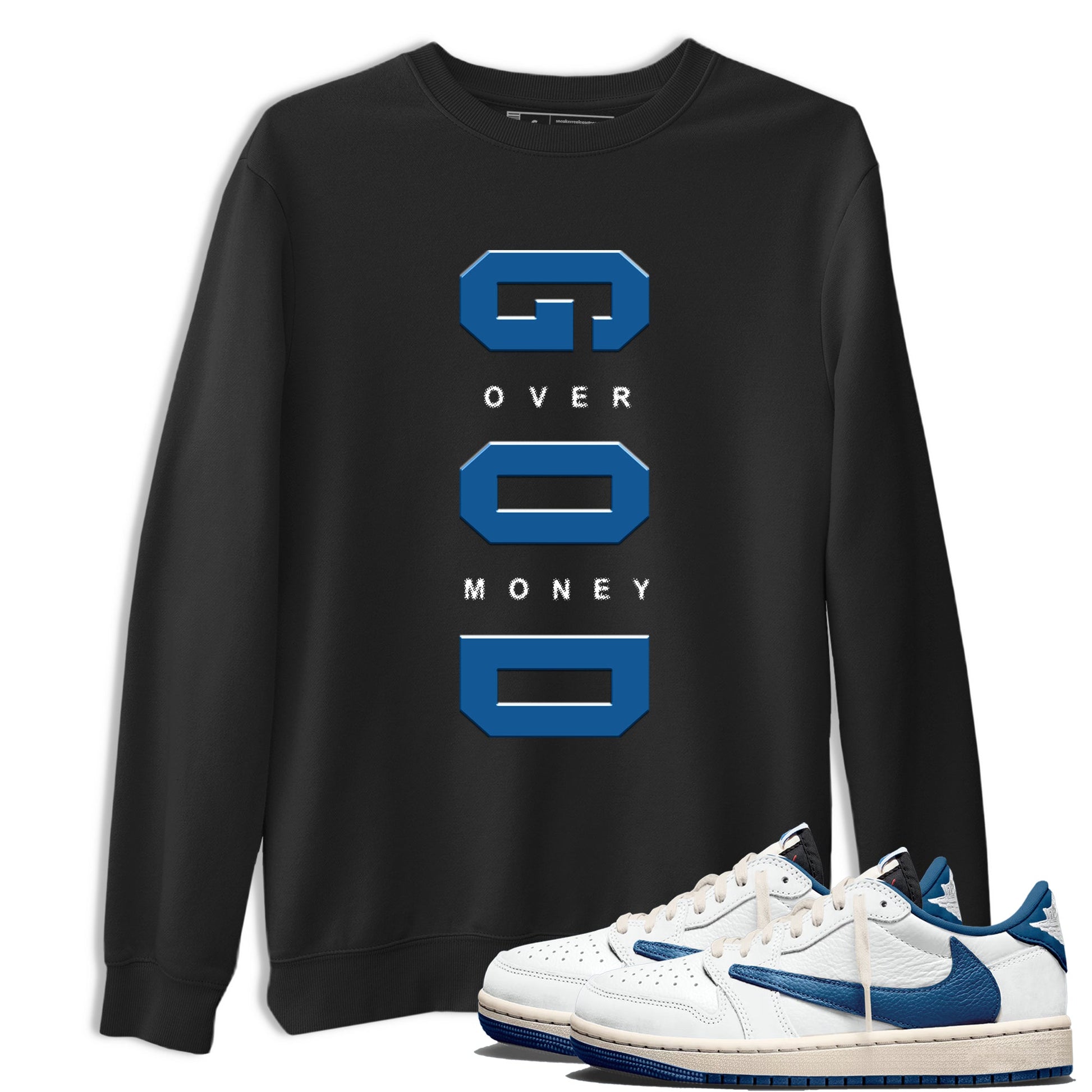 God Over Money sneaker match t-shirt styled to complete your fit with the Air Jordan 1 Travis Scott Fragment sneakers, shown in Black 1.