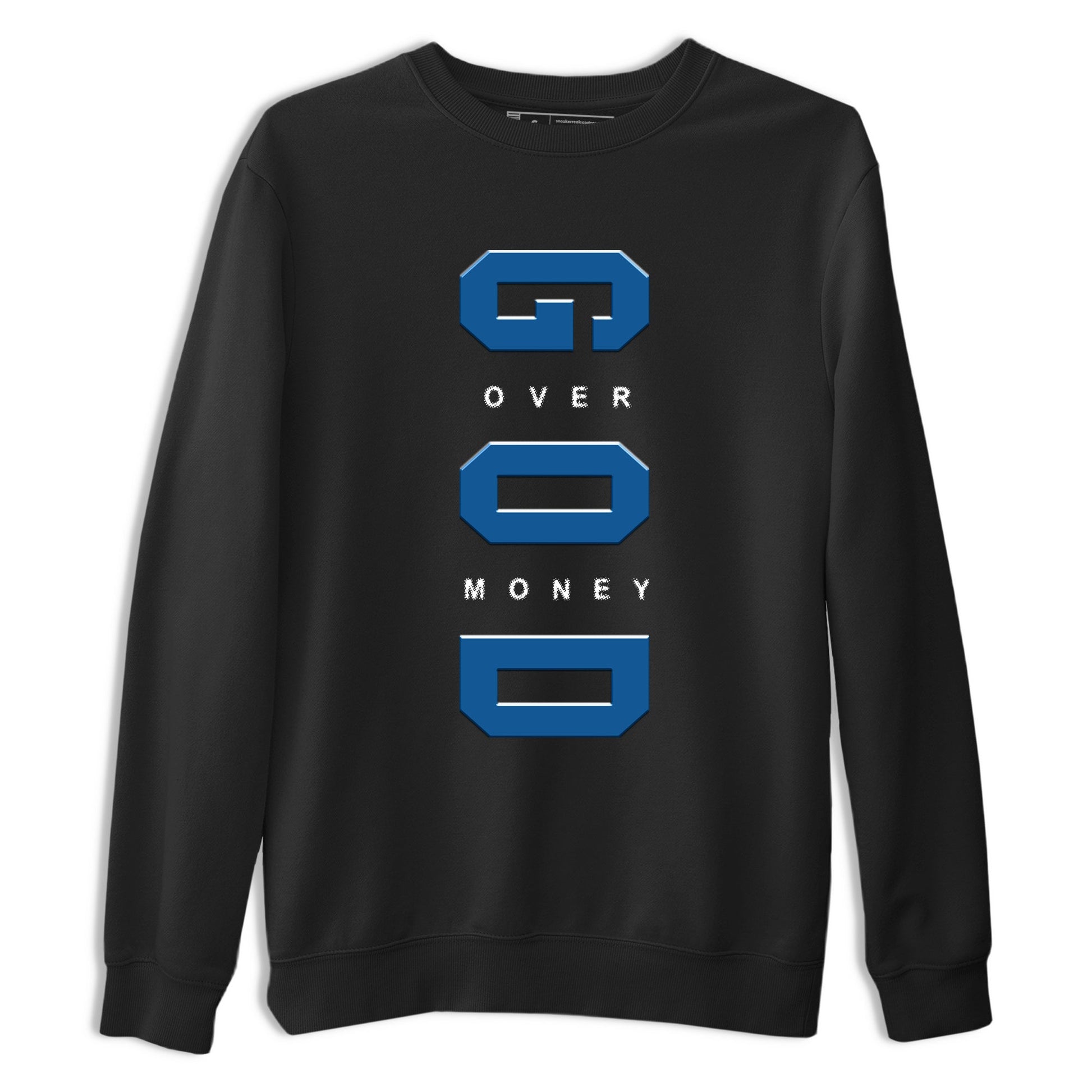 God Over Money sneaker match t-shirt styled to complete your fit with the Air Jordan 1 Travis Scott Fragment sneakers, shown in Black 2.