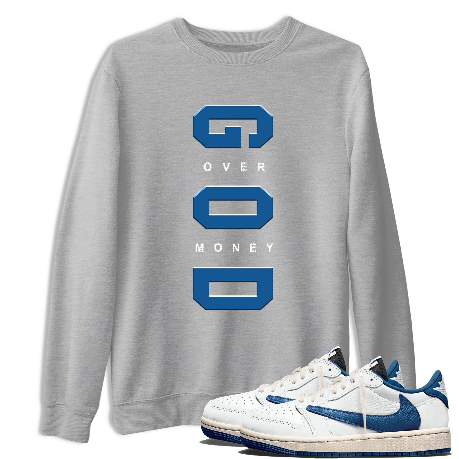 God Over Money sneaker match t-shirt styled to complete your fit with the Air Jordan 1 Travis Scott Fragment sneakers, shown in Heather Grey 1.